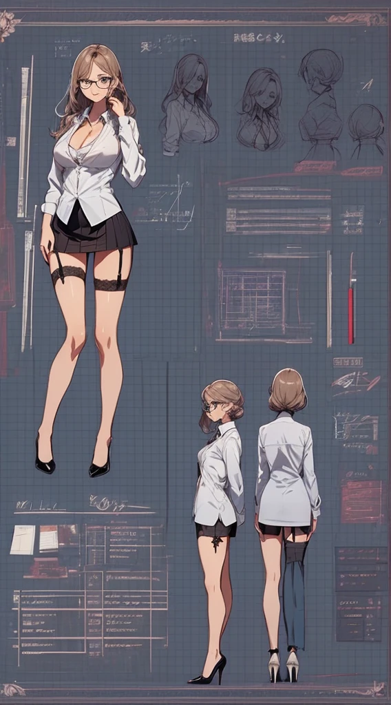 girl, alone, whole body, From head to toe, Are standing, (Huge Saggy Tits:1.3),

Character design sheet, Character Reference Sheet, 設計図のSchematic, Drafting, Blueprint, Schematic,
((Character design sheet:1.7, Character Reference Sheet:1.7,)),

anime/cartoon character wearing a girls , 1girl, alone, ,Mature Woman,Cleavage,Long sleeve,Collared shirt,White shirt,,(Tight Skirt),((garter belt)),(High heels),Skirt Suit,mini skirt,office lady,Long Hair, bow, ,  (Very short skirt:1.4), (lingerie:1.5),secretary,Thin glasses, In underwear:1.5,nsfw