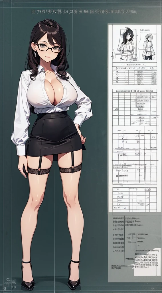 girl, alone, whole body, From head to toe, Are standing, (Huge Saggy Tits:1.3),

Character design sheet, Character Reference Sheet, 設計図のSchematic, Drafting, Blueprint, Schematic,
((Character design sheet:1.7, Character Reference Sheet:1.7,)),

anime/cartoon character wearing a girls , 1girl, alone, ,Mature Woman,Cleavage,Long sleeve,Collared shirt,White shirt,,(Tight Skirt),((garter belt)),(High heels),Skirt Suit,mini skirt,office lady,Long Hair, bow, ,  (Very short skirt:1.4), (lingerie:1.5),secretary,Thin glasses, In underwear:1.5,nsfw