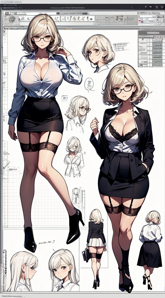 girl, alone, whole body, From head to toe, Are standing, (Huge Saggy Tits:1.3),
Character design sheet, Character Reference Sheet, 設計図のSchematic, Drafting, Blueprint, Schematic,
((Character design sheet:1.7, Character Reference Sheet:1.7,)),
anime/cartoon character wearing a girls , 1girl, alone, ,Mature Woman,Cleavage,Long sleeve,Collared shirt,White shirt,,(Tight Skirt),((garter belt)),(High heels),Skirt Suit,mini skirt,office lady,Long Hair, bow, , (Very short skirt:1.4), (lingerie:1.5),secretary,Thin glasses, In underwear:1.5,nsfw