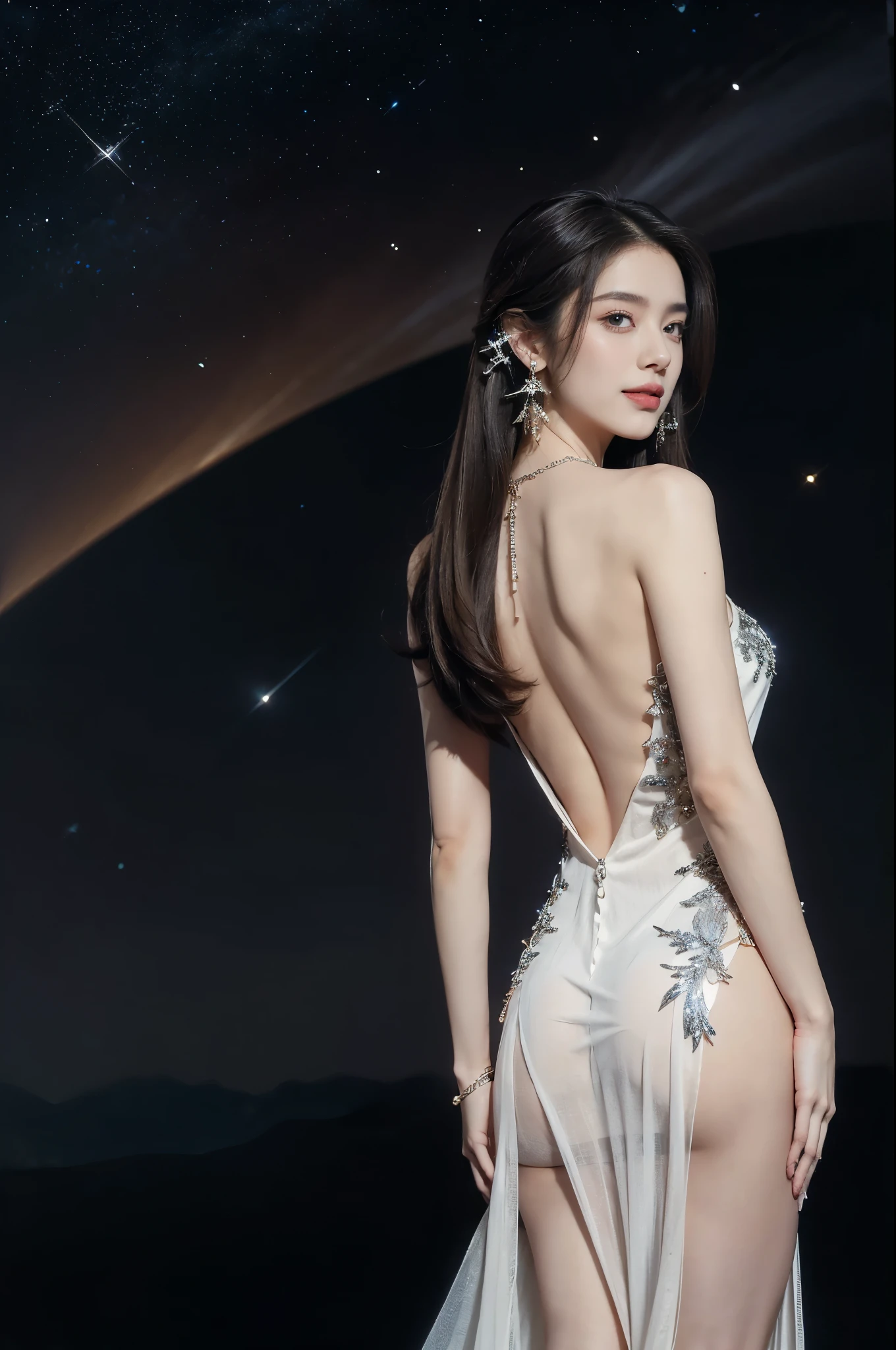 (((best quality))),(((ultra detailed))),(((masterpiece))),illustration,((A beautiful female astrologer,solo)),((slim,thin)),((bare back,towering hips,butt crack)),((shoulder length straight hair)),(laughing:1.2),(earrings,necklace),(sparkled sheer dress:1.3),standing beneath a magical summer night, stars twinkling in the velvety darkness,starry sky, sapphire eyes filled with wonder, flowing ethereal gown mimicking the stars, silver pendant shaped like a horoscope,serene smile and captivating gaze, celestial beauty and mystery, solace and inspiration in the vast expanse of the universe,((from back,upper body))