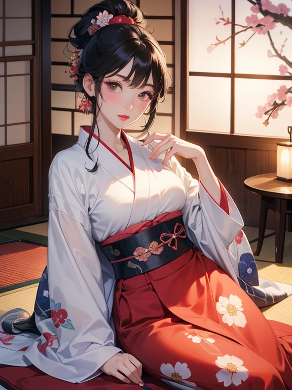 (Highest quality、masterpiece、High resolution、8K)、Ukiyo-e、Utamaro、Vibrant colors、A town girl from the Edo period、whole body、Utamaroの絵のモデル,Her hair is black and beautifully tied in a round topknot.、Decoration、The kimono has a colorful floral pattern、Sitting 、Applying lipstick to the lips、lips ajar、Detailed model gestures and facial expressions、Official Art、Japanese-style room、It is a tatami room.There is a candle light placed、