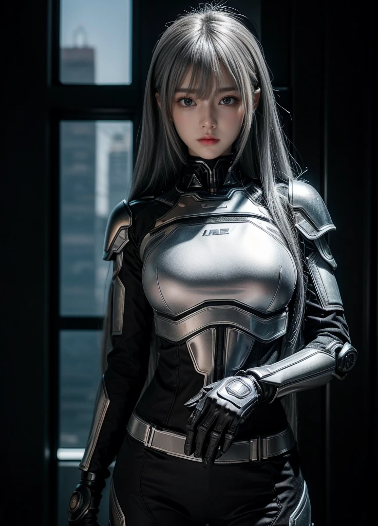 cyber angel,machine wing,{{Sci-Fi Armor}},cyber suit,cyberpunk,science fiction,cyber battle armor,Battledress,Military Uniforms,pants,black military uniform,whole body,Height: 168cm,almond shape eyes,{{{{{silver eyes}}}}},{{{{{dull bangs}}}}},(slanted eyes},{{whole body},{{{1 girl}}}, long hair, straight hair,{{{{silver hair}}}},{{{tsurime}}},30 years old,{Medium chest},{{bush}},silver eyes,{{{masterpiece}}}, {{{highest quality}}}, {{Super detailed}}, {shape}, {{very delicate and beautiful}},very detailed,detailed perfect,detailed hyper,Abundant thighs,big ass,black clothes