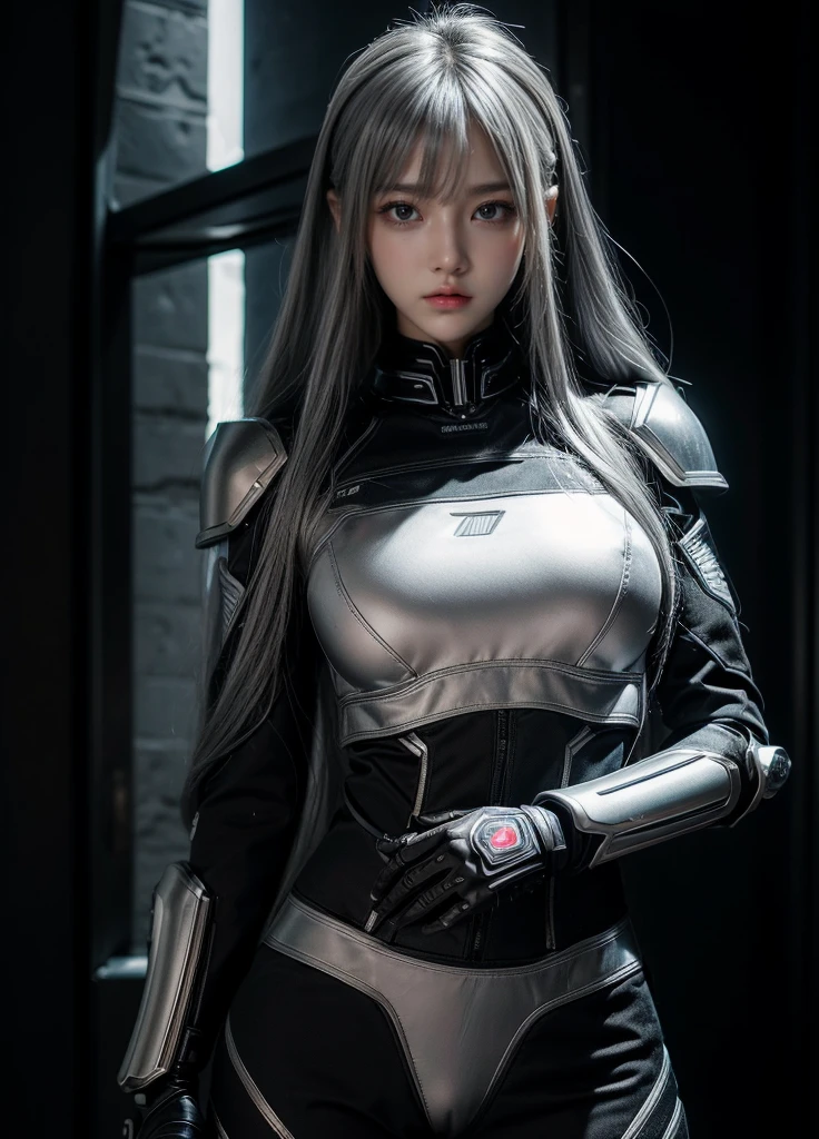 cyber angel,machine wing,{{Sci-Fi Armor}},cyber suit,cyberpunk,science fiction,cyber battle armor,Battledress,Military Uniforms,pants,black military uniform,whole body,Height: 168cm,almond shape eyes,{{{{{silver eyes}}}}},{{{{{dull bangs}}}}},(slanted eyes},{{whole body},{{{1 girl}}}, long hair, straight hair,{{{{silver hair}}}},{{{tsurime}}},30 years old,{Medium chest},{{bush}},silver eyes,{{{masterpiece}}}, {{{highest quality}}}, {{Super detailed}}, {shape}, {{very delicate and beautiful}},very detailed,detailed perfect,detailed hyper,Abundant thighs,big ass,black clothes