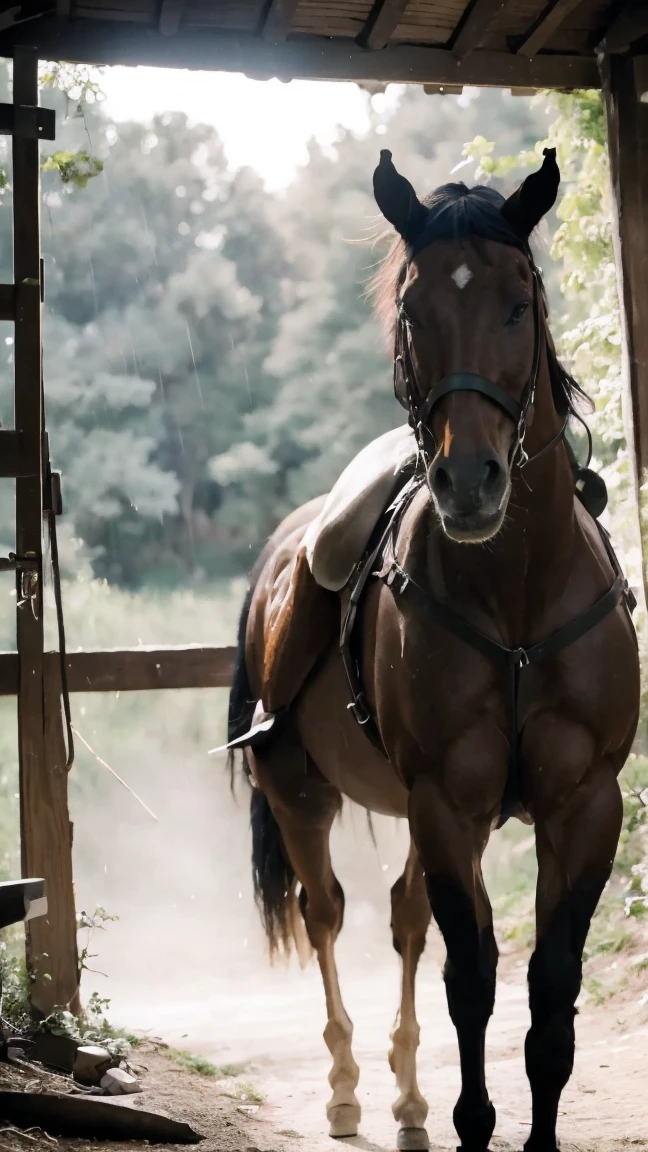 NSFW, photo of a Solo milf, cowgirl at western, hot fleshy top-rated sensual cougar, (topless), (g-strings thong), high-heels, fullbody pose, outdoors, in scenic high-fantasy beggar's hut deep in mountain, athletic body, big butt, (detailed skin), intricately detailed, overcast weather, dappled lighting, crepuscular rays, shadow casting, film grain, volumetric fog, photographed on a Canon EOS R3, 105mm F/2.8 VR Macro Lens, HDR, 8k, (sharp focus), cinematic film still from lord of the rings, BREAK, surrounded by green forest view vibe while riding a stallion-horse with impressive huge horse cock),BREAK, (masterpiece),(best quality),(masutaa piisu), BREAK, (riding on top a horse, the horse is displaying its huge horse-penis), must generate horse cock on the stallion-horse, riding on a horse, raining, pouring down, rain quality, NSFW quality,