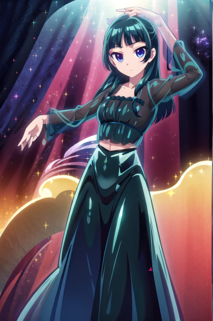 1girl,solo,(cowboy shot),standing,(green hair:1.2),long hair,pig tail,(blue eyes:1.2),(makeup:1.2),(beautiful fingers:1.6),(perfect anatomy:1.6),(arms_behind_back:1.6),(black dress:1.4),(shiny_clothes:1.6),(medium breasts:1.4),beautiful breasts,masterpiece,best quality,(Ultra high definition eyes:1.2),8k,(Beautiful detailed eyes:1.2),(Fine and beautiful eyes:1.2),(pretty eyes:1.2),finely detail,extremely CG, absurdres,high resolution,illustration,Detailed and beautiful outlines,finely detail,high resolution,(colorful refraction:1.4,Increase saturation:1.2),beautiful lighting,dynamic lighting,closed room,black background,simple background, smile,looking at viewer,maomao,(white Clear PVC sheets sleeves:1.4),(sheer sleeves:1.4),(see-through sleeves:1.4),(wide sleeves:1.2)