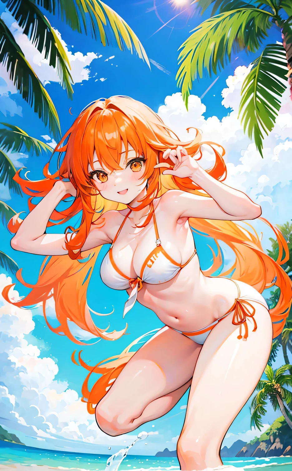 Anime girl, 25 year old, long orange hair, smile, beach , summer, white bikini, colourful, sunlight, dynamic, fun, water, coconut tree, sky, sandy beach