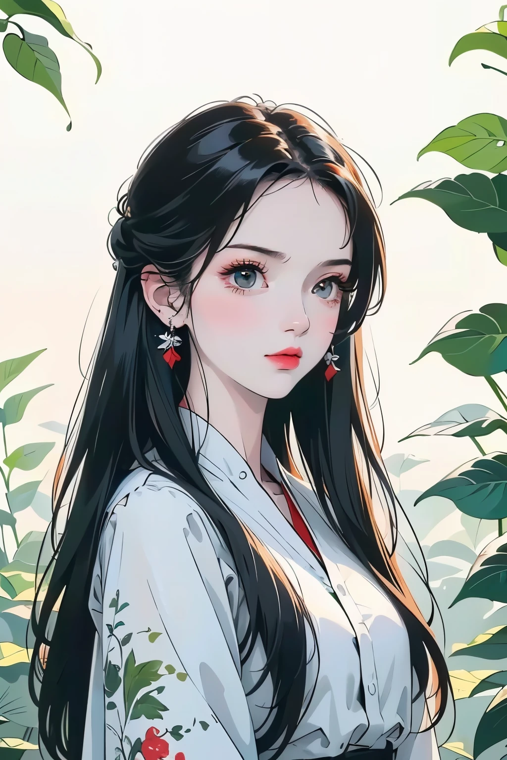 A beautiful girl with long black hair, simple line drawing style, white and red collage elements, lush green plants, clean background, (best quality,4k,8k,highres,masterpiece:1.2),ultra-detailed,(realistic,photorealistic,photo-realistic:1.37),high contrast,vibrant colors,natural lighting,minimalist,digital art