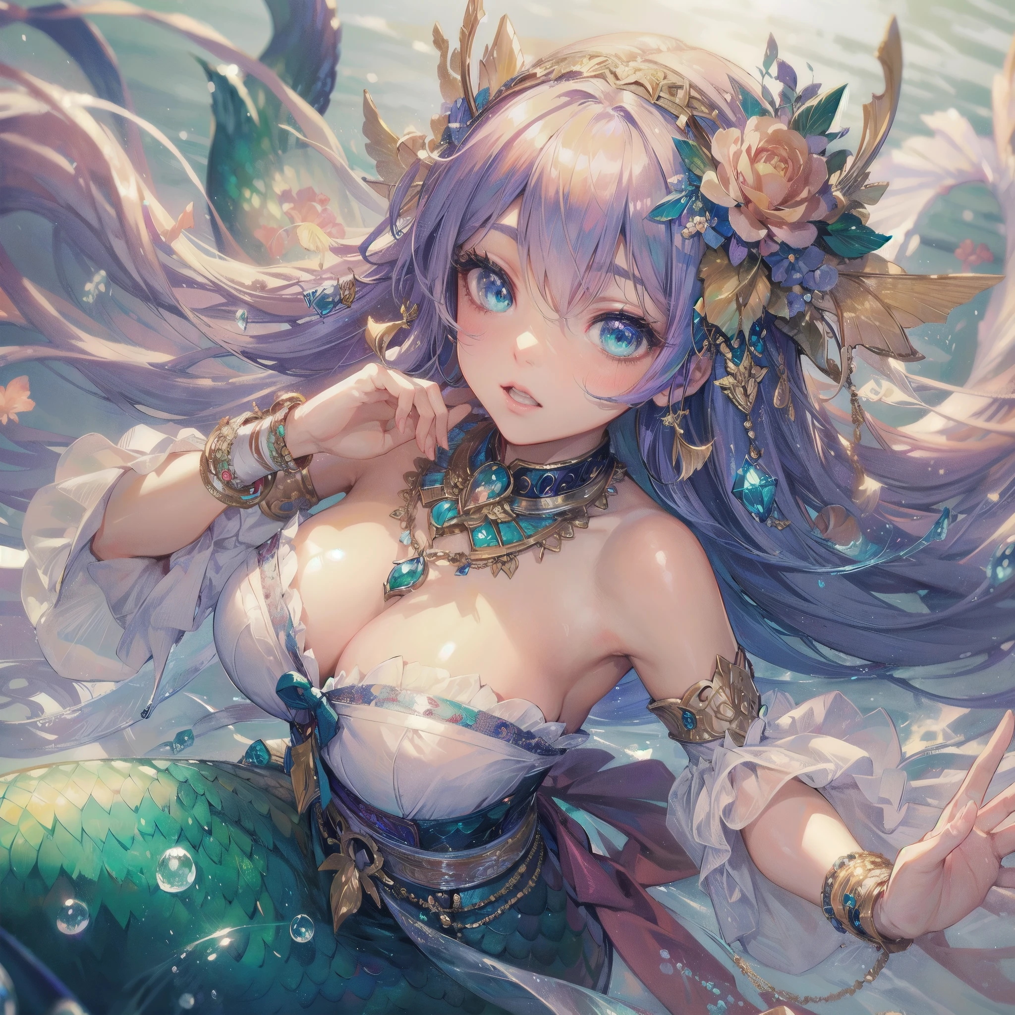  masterpiece, (textured skin), best quality, gorgeous beautiful girl, (a female 
mermaid),,detailed clothes,large breasts,narrow waist,, (beautiful face), cinematic lighting, (fantasy anime art ),