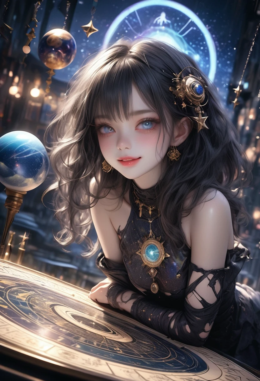 a mystical astrological girl, starry night sky, occult symbols, magical astrology, astrologer, dark moody lighting, intricate celestial patterns, astronomical occult divination, mystical astrology, planetary alignment, zodiac signs, horoscope, tarot, esoteric rituals, mysterious atmosphere, neon-lit urban background, dark tones, dramatic lighting, detailed rendering, cinematic composition, fantasy, hyperrealistic, vibrant colors, atmospheric, moody, dramatic, bright large star accessories on cheeks, beautiful detailed eyes, beautiful detailed lips, extremely detailed facial features, long eyelashes, porcelain skin, cute expression, mischievous smile, ripped clothes, torn clothing, idol aesthetic, pastel colors, soft lighting, (highest quality,16k,highres,masterpiece:1.2),ultra-detailed,(ultra-realistic,photo-realistic:1.37), full-body view