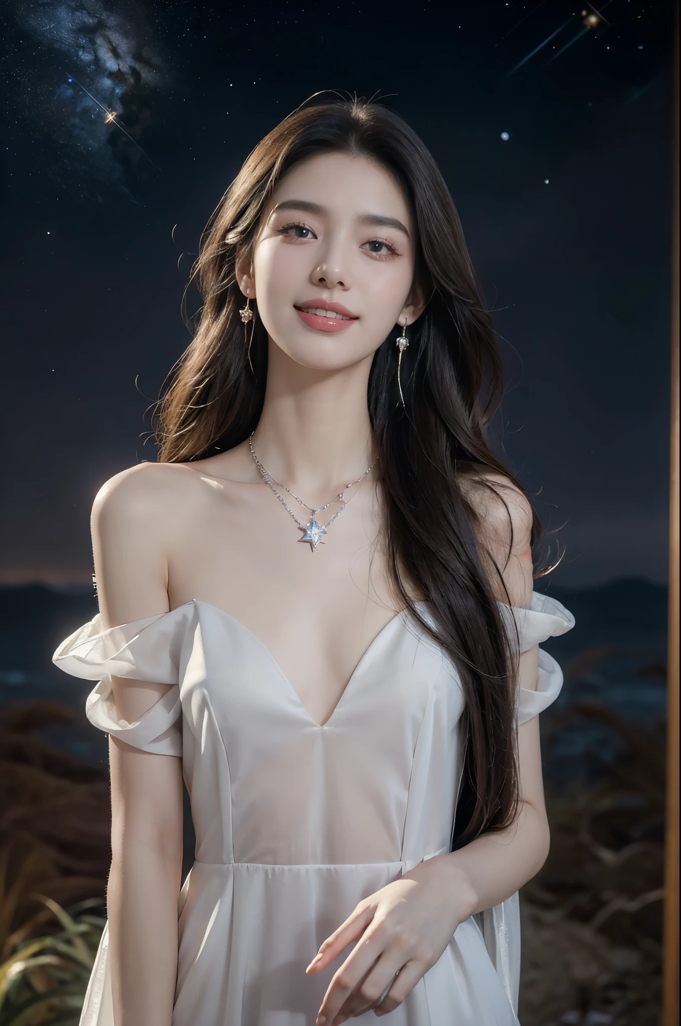 (((best quality))),(((ultra detailed))),(((masterpiece))),illustration,((A beautiful female astrologer,solo)),((slim,thin)),((small breasts,flat chest)),((shoulder length straight hair)),(laughing:1.2),(earrings,necklace),(sparkled sheer shirt-dress:1.3),standing beneath a magical summer night, stars twinkling in the velvety darkness,starry sky, sapphire eyes filled with wonder, flowing ethereal gown mimicking the stars, silver pendant shaped like a horoscope,serene smile and captivating gaze, celestial beauty and mystery, solace and inspiration in the vast expanse of the universe,((from front,upper body))