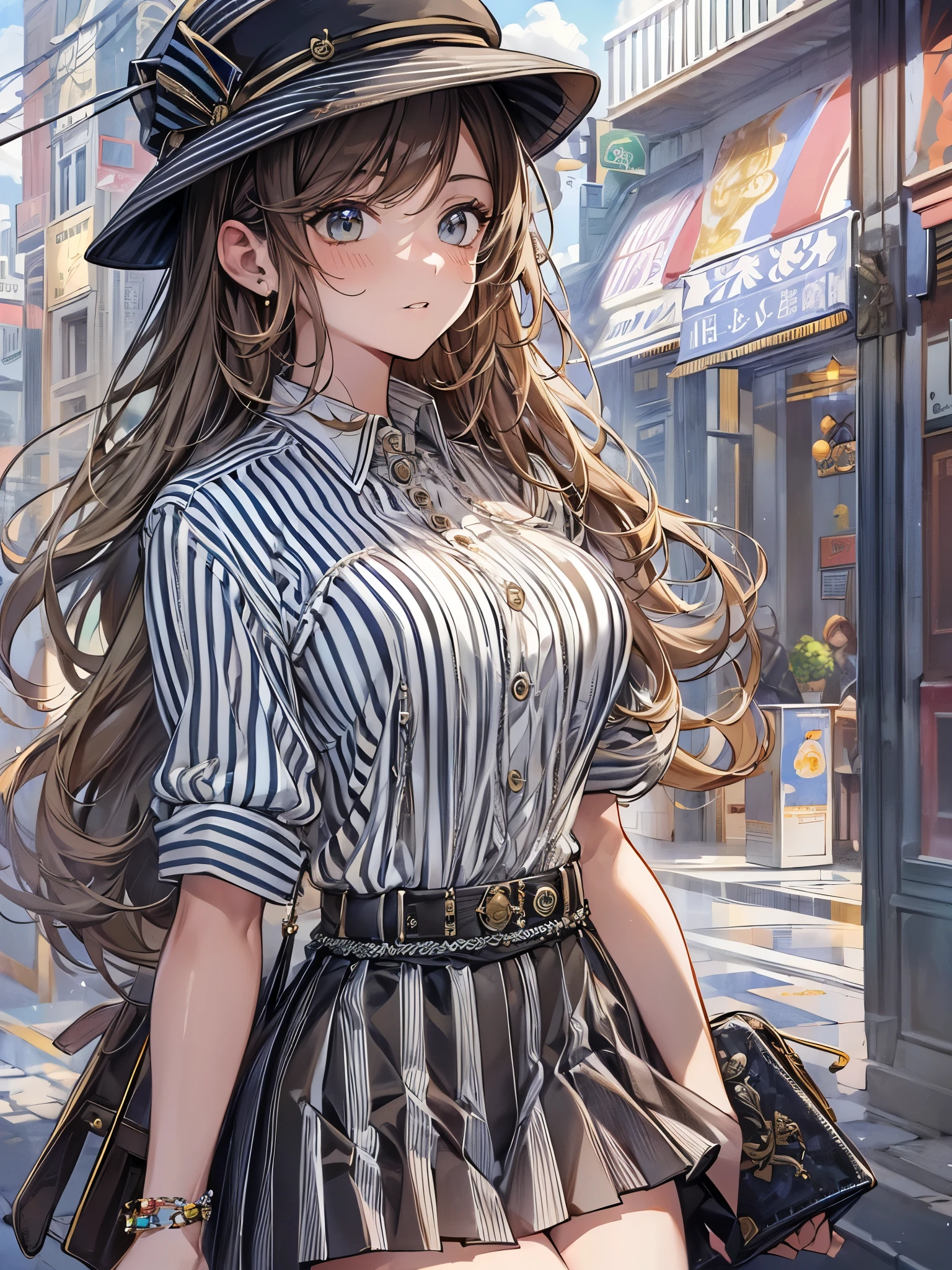 ((Highest quality)),(Ultra-high resolution),(Super detailed),(Detailed Description),((The best CG)),(masterpiece),Highly detailed art,(Art with precise details:1.5), Town:1.5, Wind:1.1, pavement:1.3, (Vertical striped shirt:1.6),(skirt:1.6),(Wearing a stylish hat at an angle:1.4),Natural Makeup:1.4,(Chic pochette:1.6)