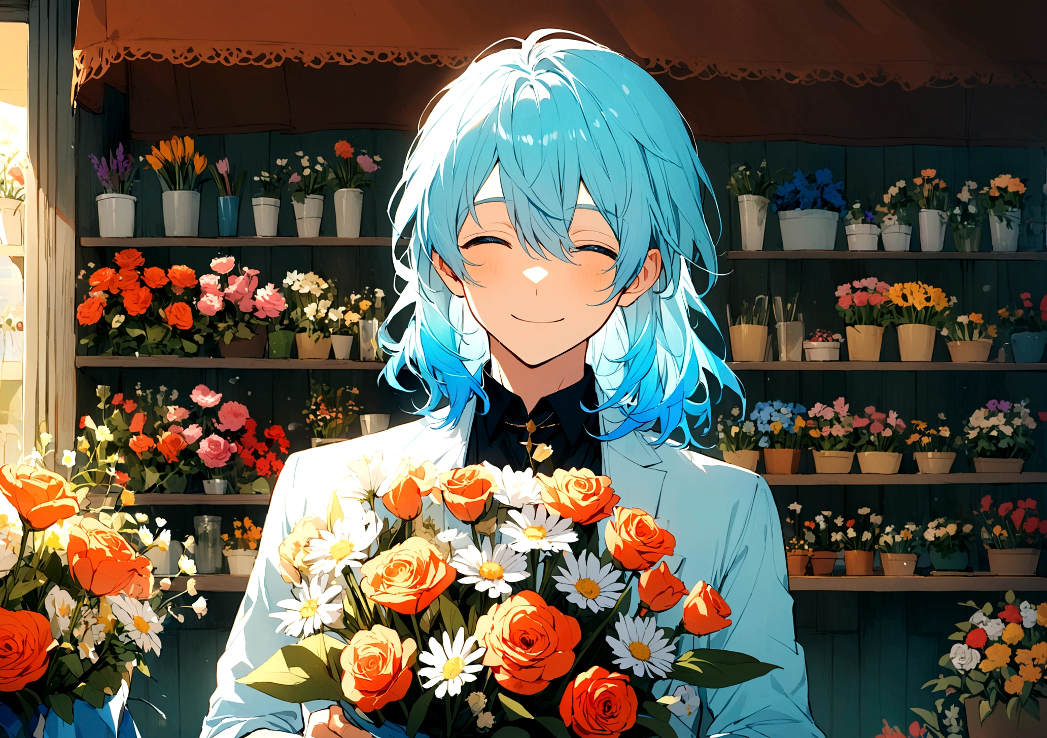 A young man, Blue to light blue gradient hair color, smiling, bouquet of flowers, flower shop