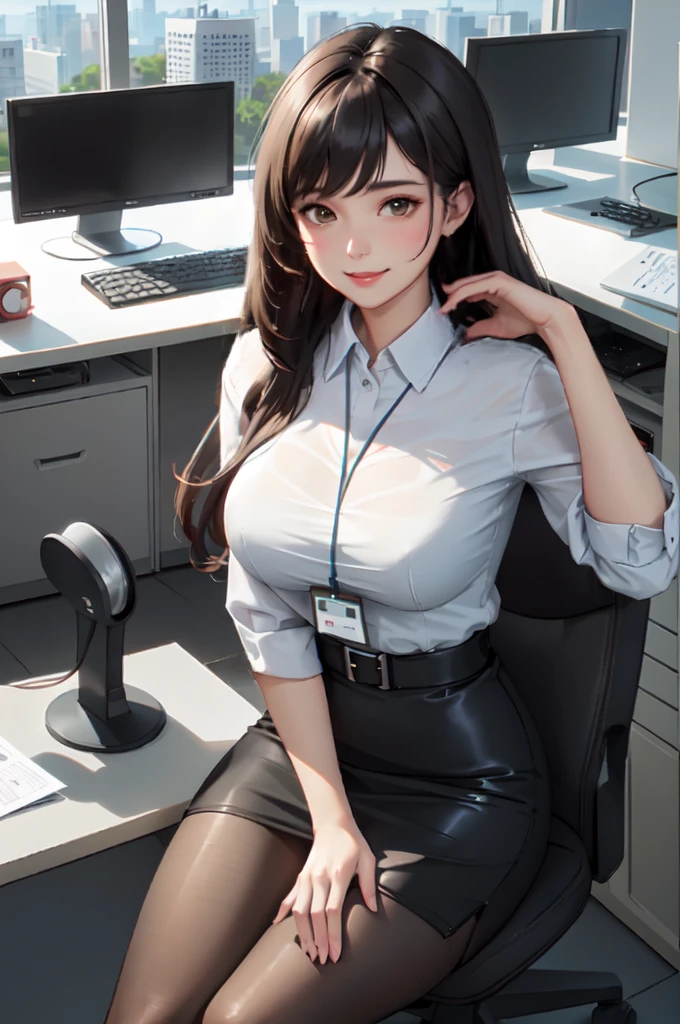 1lady solo office worker, sitting on swivel chair, /(casual shirt pencil skirt/) /(brown pantyhose/) /(id card lanyard/), /(black hair/) bangs, blush kind smile, (masterpiece best quality:1.2) ultra-detailed, large breasts arms down BREAK /(moden office indoors/) window skyscraper