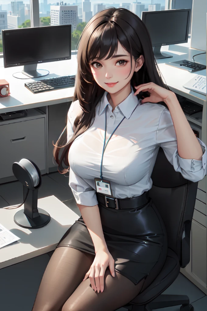 1lady solo office worker, sitting on swivel chair, /(casual shirt pencil skirt/) /(brown pantyhose/) /(id card lanyard/), /(black hair/) bangs, blush kind smile, (masterpiece best quality:1.2) ultra-detailed, large breasts arms down BREAK /(moden office indoors/) window skyscraper