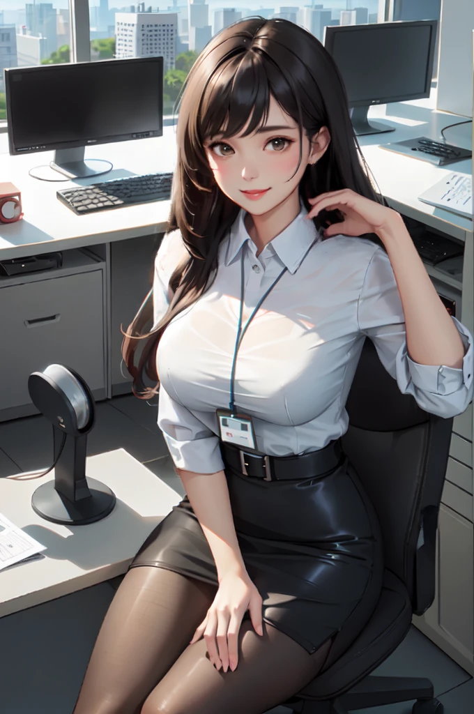 1lady solo office worker, sitting on swivel chair, /(casual shirt pencil skirt/) /(brown pantyhose/) /(id card lanyard/), /(black hair/) bangs, blush kind smile, (masterpiece best quality:1.2) ultra-detailed, large breasts arms down BREAK /(moden office indoors/) window skyscraper