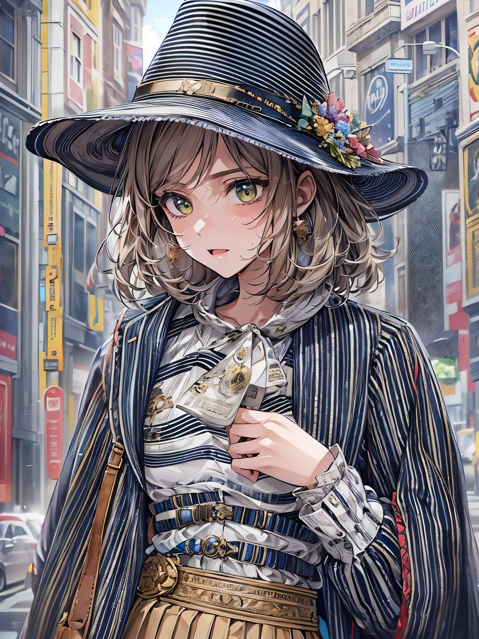 ((Highest quality)),(Ultra-high resolution),(Super detailed),(Detailed Description),((The best CG)),(masterpiece),Highly detailed art,(Art with precise details:1.5), Town:1.5, Wind:1.1, pavement:1.3, (Vertical striped shirt:1.6),(skirt:1.6),(Wearing a stylish hat at an angle:1.4),Natural Makeup:1.4,(Chic pochette:1.6)
