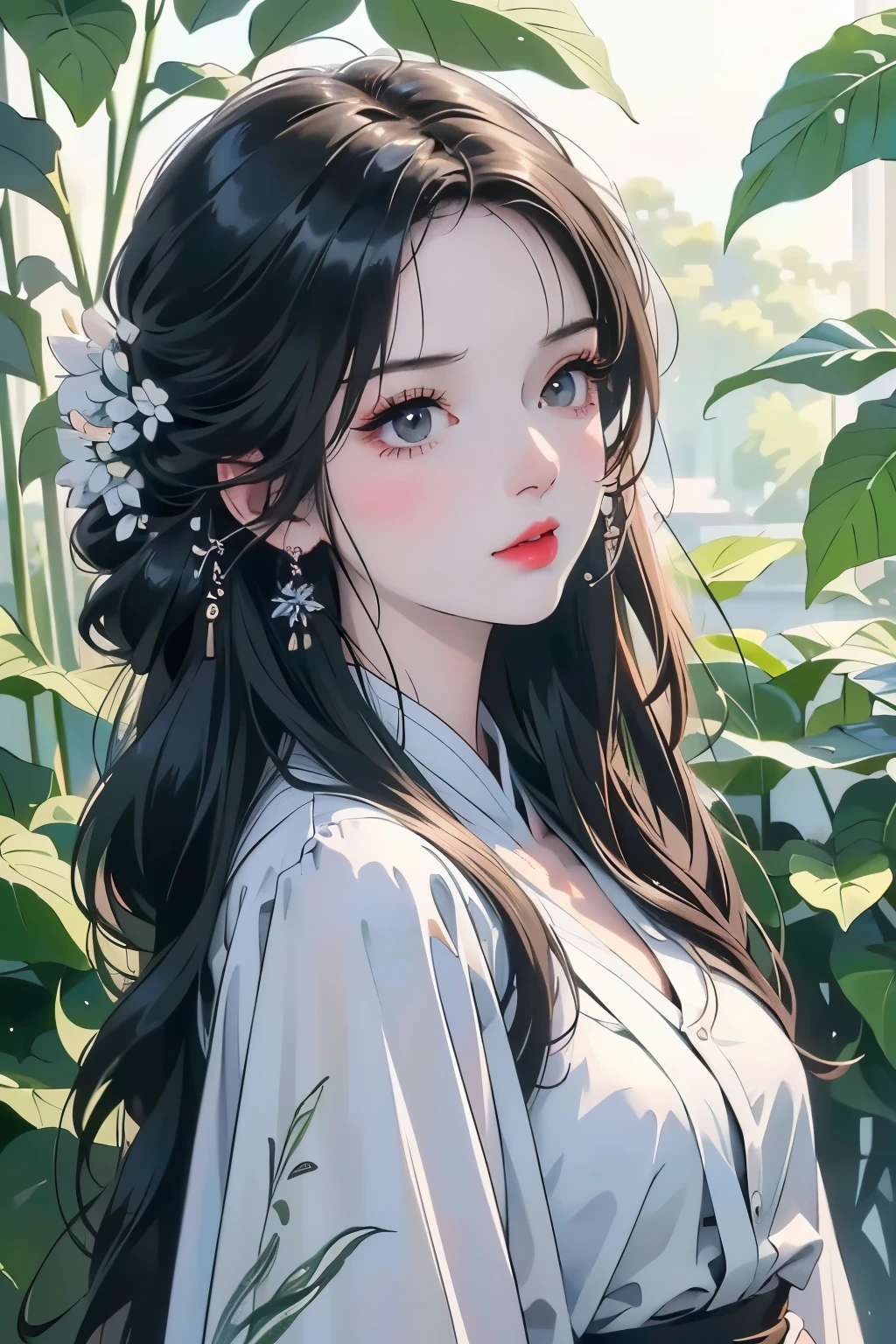 A beautiful girl with long black hair, simple line drawing style, white and 紫色 collage elements, lush green plants, clean background, (best quality,4K,8K,highres,masterpiece:1.2),ultra-detailed,(realistic,photorealistic,photo-realistic:1.37),high contrast,vibrant colors,natural lighting,minimalist,digital art