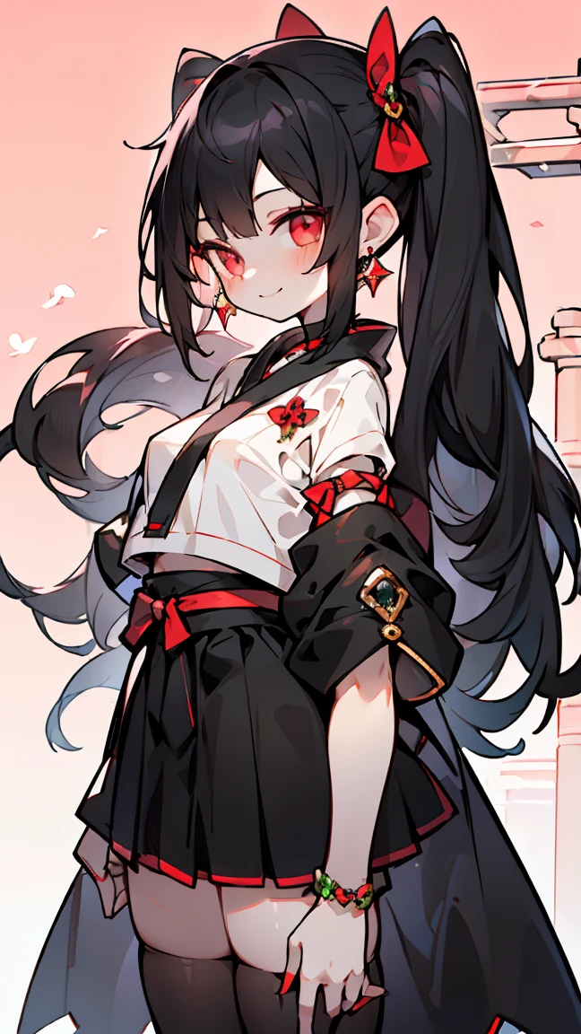 [(Detailed Background:1.4)::5],original,(figure:1.1),(Highest quality),(Tabletop:1.1),(Highly detailed CG 8K wallpaper:1.1), (colorful:0.9),(Mid Shot:0.95),(very detailed beautiful whole body),Ear covering accessories、Standing in the Wilderness, (girl),(((Adult))), (Beautiful eyes in every detail:1.15), (Beautiful Face:1.15), (Glowing red eyes:1.25////),(Black Hair),Pale skin，Pink Eyes，Red Bow，Amaryllis，((Wicked Smile))，Crystal Earrings，raven feather skirt,whole body,Wearing shrine maiden clothes and knee socks,((Long black hair)),Long black hair,