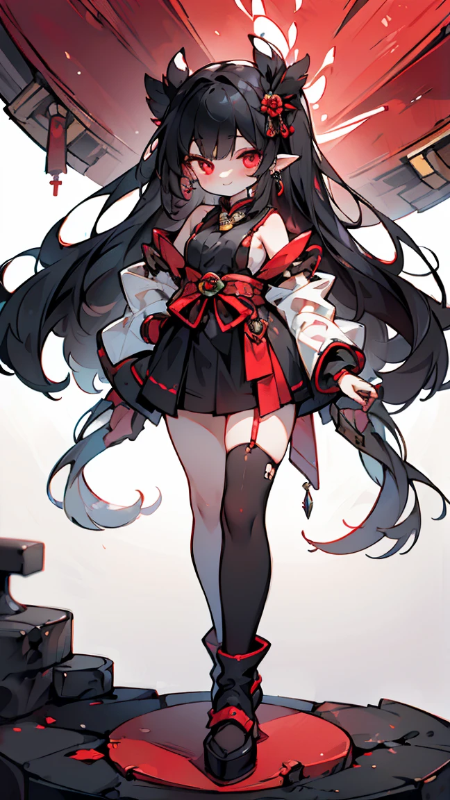 [(Detailed Background:1.4)::5],original,(figure:1.1),(Highest quality),(Tabletop:1.1),(Highly detailed CG 8K wallpaper:1.1), (colorful:0.9),(Mid Shot:0.95),(very detailed beautiful whole body),Ear covering accessories、Standing in the Wilderness, (girl),(((Adult))), (Beautiful eyes in every detail:1.15), (Beautiful Face:1.15), (Glowing red eyes:1.25////),(Black Hair),Pale skin，Pink Eyes，Red Bow，Amaryllis，((Wicked Smile))，Crystal Earrings，raven feather skirt,whole body,Wearing shrine maiden clothes and knee socks,((Long black hair)),Long black hair,