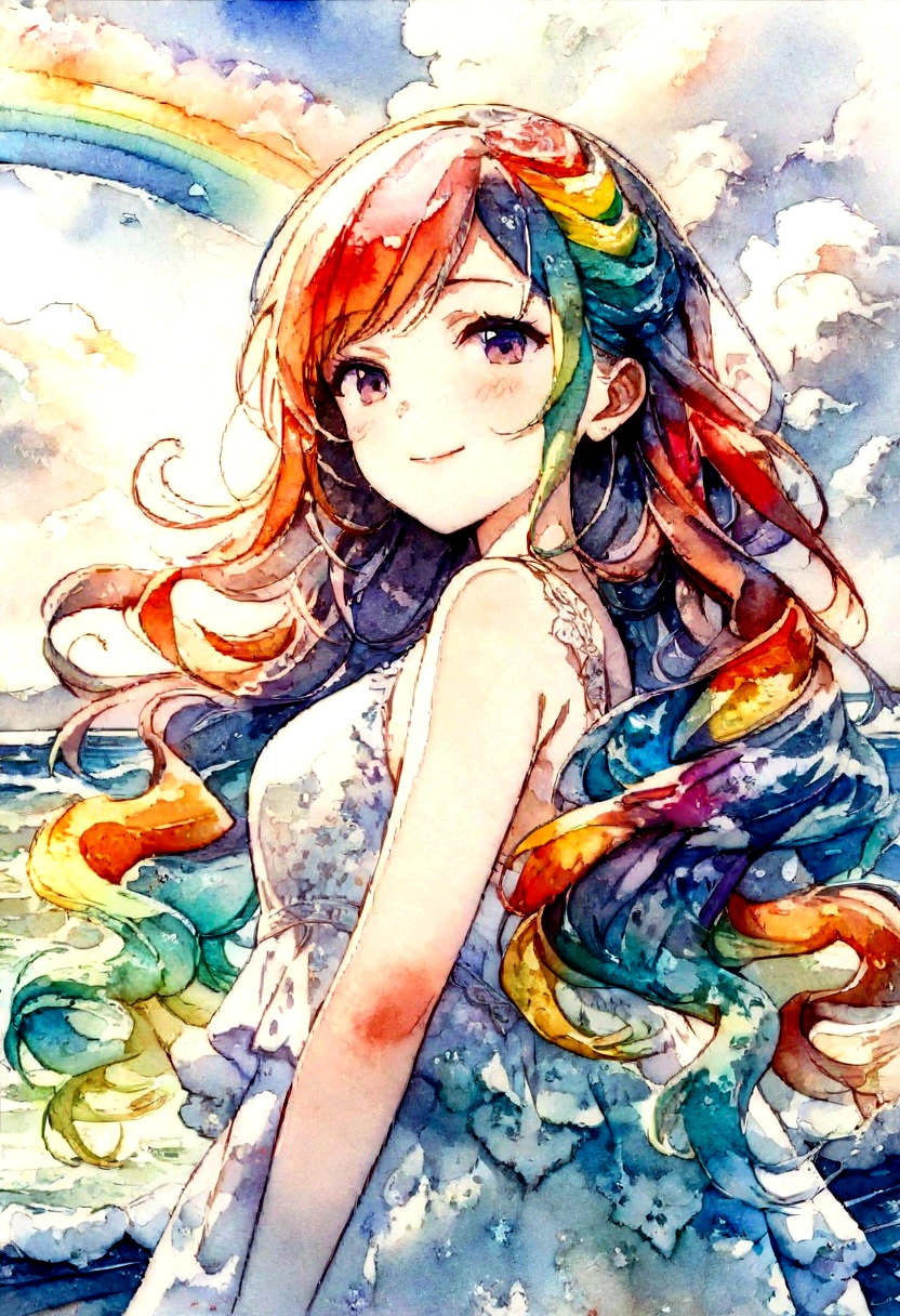 (masterpiece, Top quality, best quality, watercolor (Moderate), Official Art, beautiful and aesthetic: 1.2), (1 girl: 1.3), (Fractal Art: 1.3), morning, Good morning, Smile, sunny, hapiness, Viewer, pattern, Waves, (Rainbow Hair, rich and colorful Hair: 1.2), Sky, gas, cloud, rich and colorful, Soap Bubbles