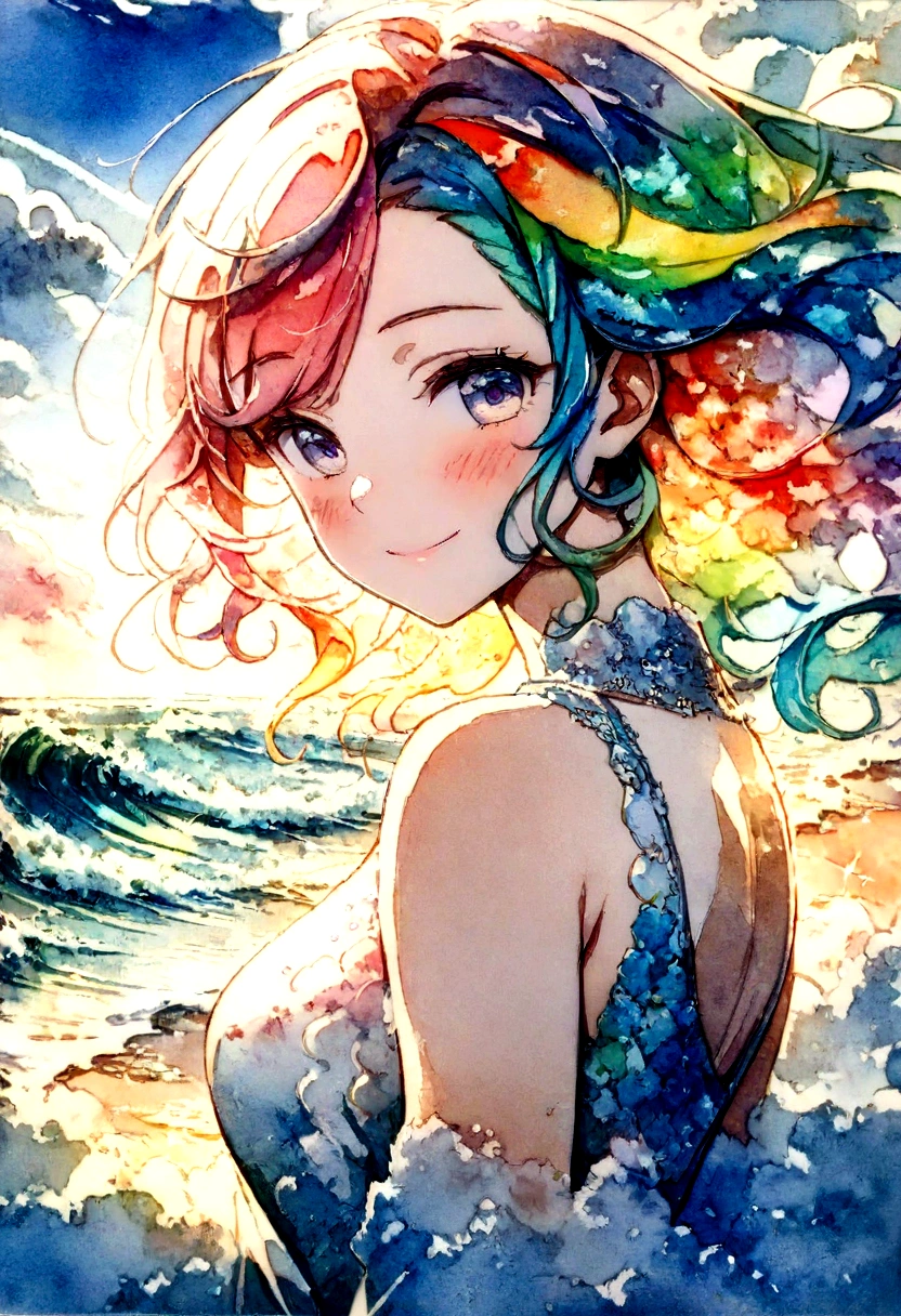 (masterpiece, Top quality, best quality, watercolor (Moderate), Official Art, beautiful and aesthetic: 1.2), (1 girl: 1.3), (Fractal Art: 1.3), morning, Good morning, Smile, sunny, hapiness, Viewer, pattern, Waves, (Rainbow Hair, rich and colorful Hair: 1.2), Sky, gas, cloud, rich and colorful, Soap Bubbles