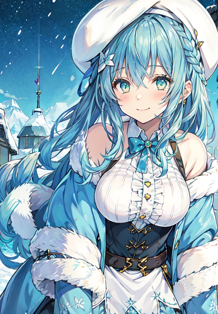  1girl,Floral hair ornament,White beret, heart ahoge, snow field,smile, castle, in the rain, starry detailed water, beautiful detailed starry sky, in the style of  scenery, night, town,Yukihana Lamy, arms behind back