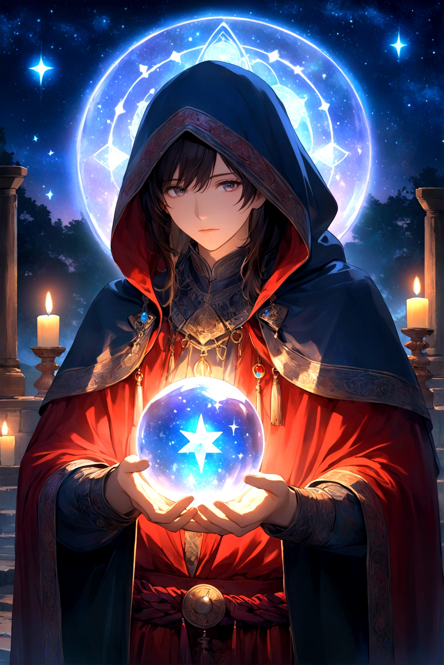 Astrologer, mystery, ancient, Starry sky background, Hold a crystal ball, Staring into the distance, The cloak flutters, night, Candlelight, ancient书籍, Star motif, Magic Runes, mystery氛围, Detailed description, High quality details, Artistic effects