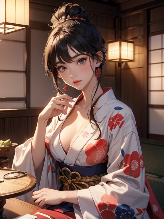 (Highest quality、masterpiece、High resolution、8K)、Ukiyo-e、Utamaro、Vibrant colors、A town girl from the Edo period、whole body、Utamaroの絵のモデル,Her hair is black and beautifully tied in a round topknot.、Decoration、The kimono has a colorful floral pattern、Sitting 、Applying lipstick to the lips、lips ajar、Detailed model gestures and facial expressions、Official Art、Japanese-style room、It is a tatami room.There is a lantern placed、