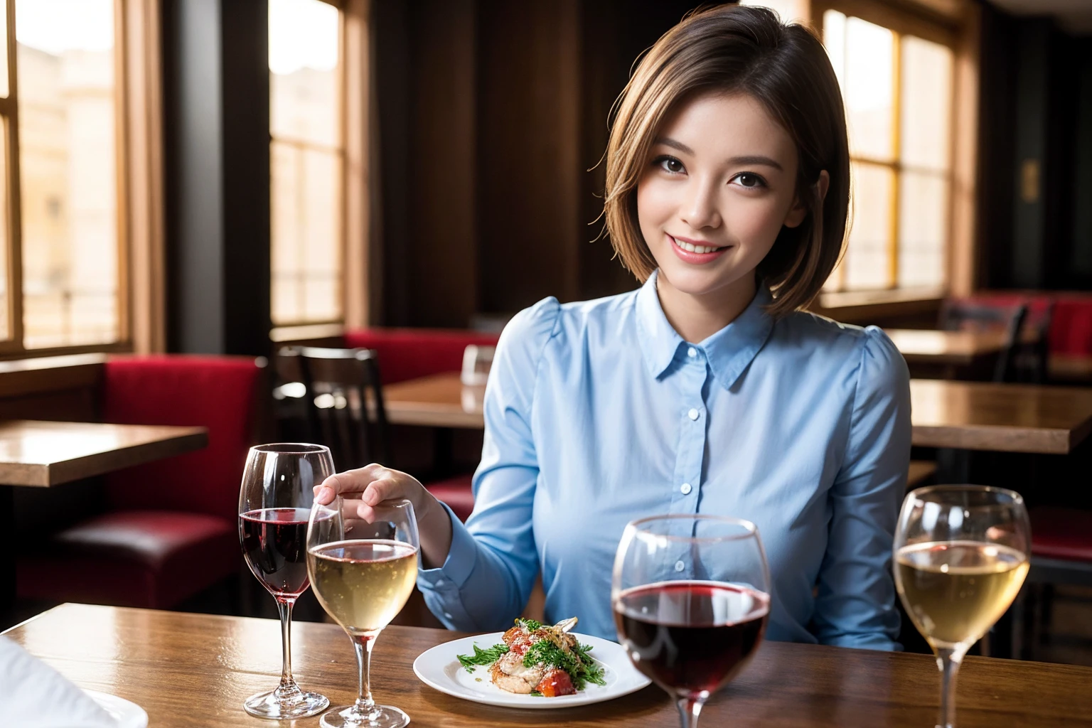 ((Highest quality、8K、masterpiece:1.3))、slimカップル、modelカップル、(Realistic, Intricate details:1.2), full-course dinner、Wine Party、Amazing view of the sunset sky and clouds、A bright smile、The wonderfulness of smile、Bright image、The beauty of wine, Beautiful Face, blue eyes, The light shines on your face, Blushing, short hair,Bright Face、 (Age 37), 39 years old, red wine 、Appetizers、Italian food、Wine bottle、Champagne、sparkling wine、Two beauties、Brown Hair、Shortcuts、Long sleeve shirt、dress、Beautiful woman 1, (slimな顔), (The body is slim), (Brown Hair), (Shortcuts), cheeks turn a little red,Attractive beauty、restaurant, In a prominent place (From the waist up) Nova Frog Style, actress, model, Upper Body, White wine, slim, wine glass, 中央に置かれたwine glass, smile, (smile: 1.15), Beautiful fine grain, Depth f/2,saturation, High Contrast, Strong light and shadow,Moist Body:1.5、3D texture、Delicate eyes、Brown Hair、The hair is very shiny、