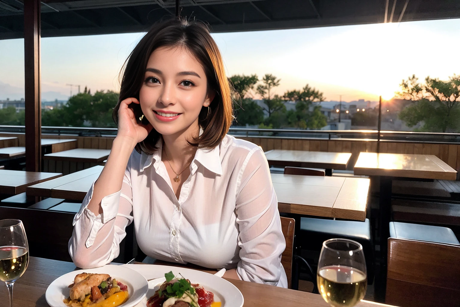 （Realistic:1.1）,(masterpiece,Highest quality)，8k,(40 years old), 42 years old, slimカップル、Model Couple、actress/actor、Tight waist,Upper Body,full-course dinner、wine 、Amazing view of the sunset sky and clouds、Perfect Anatomy, Brown Hair, short hair,Random Hairstyles,((Highly detailed face and eyes:1.2))(cute顔:1.4)，美しいactressの顔，Perfect golden ratio face，Long sleeve shirt、dress,(smile:1.2)、Shortcuts、cute、(Realistic, Intricate details:1.2), A bright smile、short hair,Bright Face、赤wine 、Appetizers、Italian food、wine bottle、Champagne、スパークリングwine、(slimな顔), (The body is slim), (Brown Hair), (Shortcuts),  Upper Body, 白wine, slim, wineグラス, 
