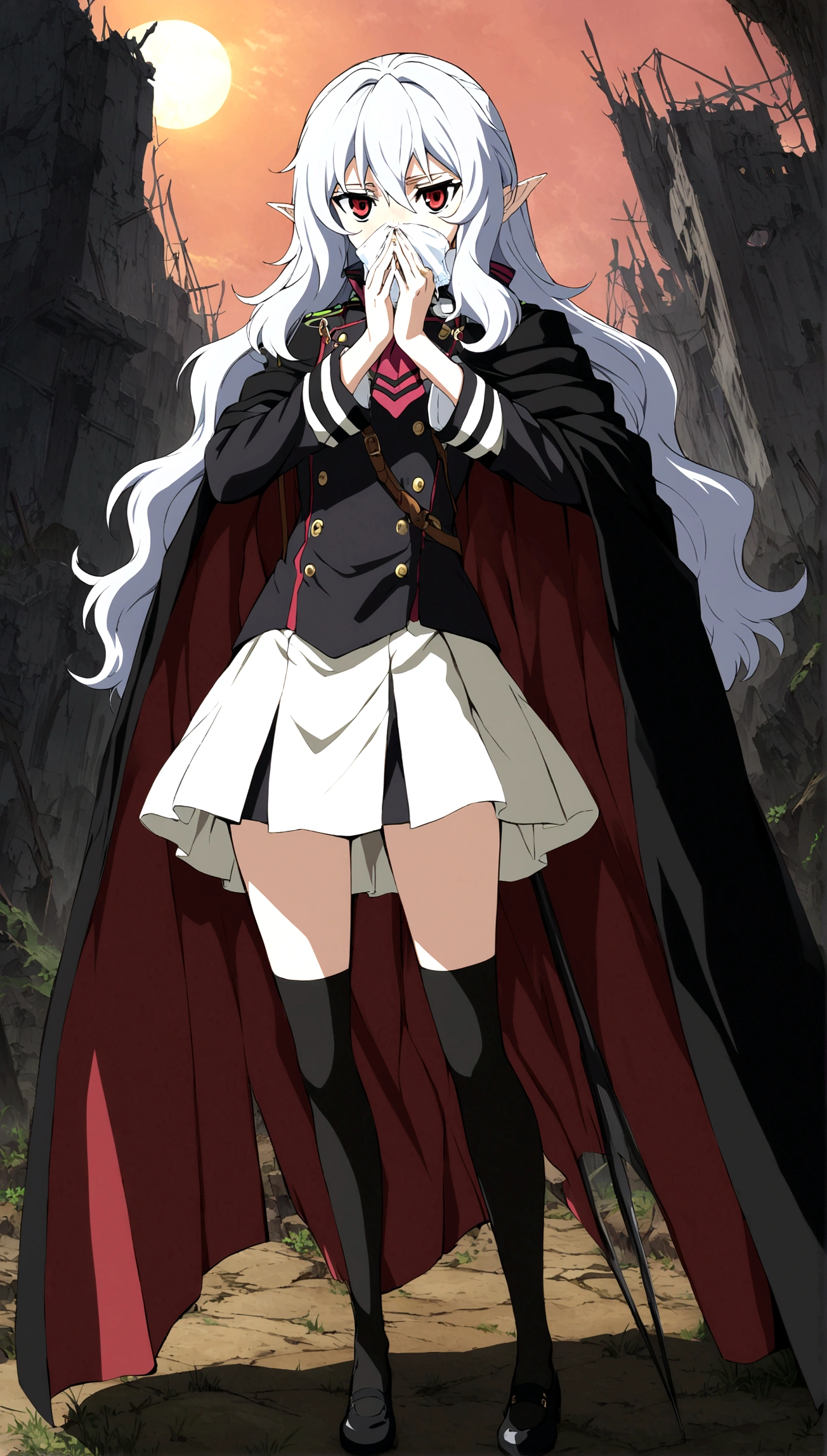 Anime. Owari no Seraph. 1 Girl. Dear . A vampire. Progenitor Clumsy. Silver hair. Wavy hair. Long hair. Red eyes. Beautiful eyes. Perfect eyes. Expressive eyes. Ideal face. Perfect body. Beautiful long ones. legs. Beautiful nose. 18 years. Big breasts. Standing. Full length Beautiful character design. Shiny skin. Cold. Runny nose. Nasal mucus. Snot. Wants to sneeze. She needs to sneeze. Strong, desperate desire to sneeze. She sneezes. She sneezes, covering her nose with her hands. Handkerchief. Blows his nose. Snot flows from the nose. Pointy ears. White dress. Vampire uniform dress from
Owari no Seraph. Black stockings. Heeled shoes. Rapier in right hand. Left hand with a handkerchief near the face. Ruins of Tokyo. Full body. NSF. Official art. Extremely detailed CG Unity 8k wallpaper. Ideal lighting. Ultra high resolution 4K. Super detailed 8K. A high resolution.