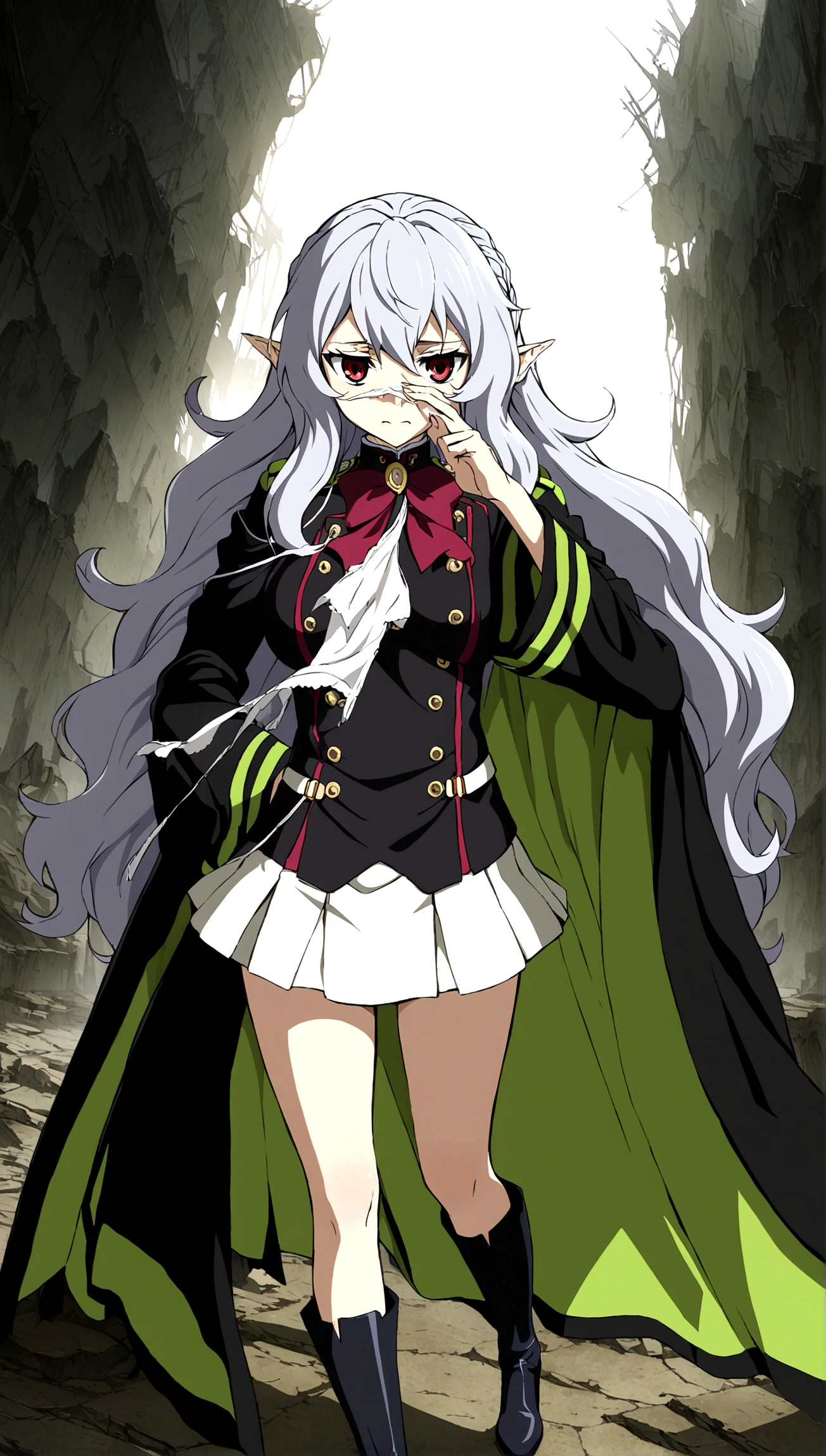 Anime. Owari no Seraph. 1 Girl. Dear . A vampire. Progenitor Clumsy. Silver hair. Wavy hair. Long hair. Red eyes. Beautiful eyes. Perfect eyes. Expressive eyes. Ideal face. Perfect body. Beautiful long ones. legs. Beautiful nose. 18 years. Big breasts. Standing. Full length Beautiful character design. Shiny skin. Cold. Runny nose. Nasal mucus. Snot. Wants to sneeze. She needs to sneeze. Strong, desperate desire to sneeze. She sneezes. She sneezes, covering her nose with her hands. Handkerchief. Blows his nose. Snot flows from the nose. Pointy ears. White dress. Vampire uniform dress from
Owari no Seraph. Black stockings. Heeled shoes. Rapier in right hand. Left hand with a handkerchief near the face. Ruins of Tokyo. Full body. NSF. Official art. Extremely detailed CG Unity 8k wallpaper. Ideal lighting. Ultra high resolution 4K. Super detailed 8K. A high resolution.