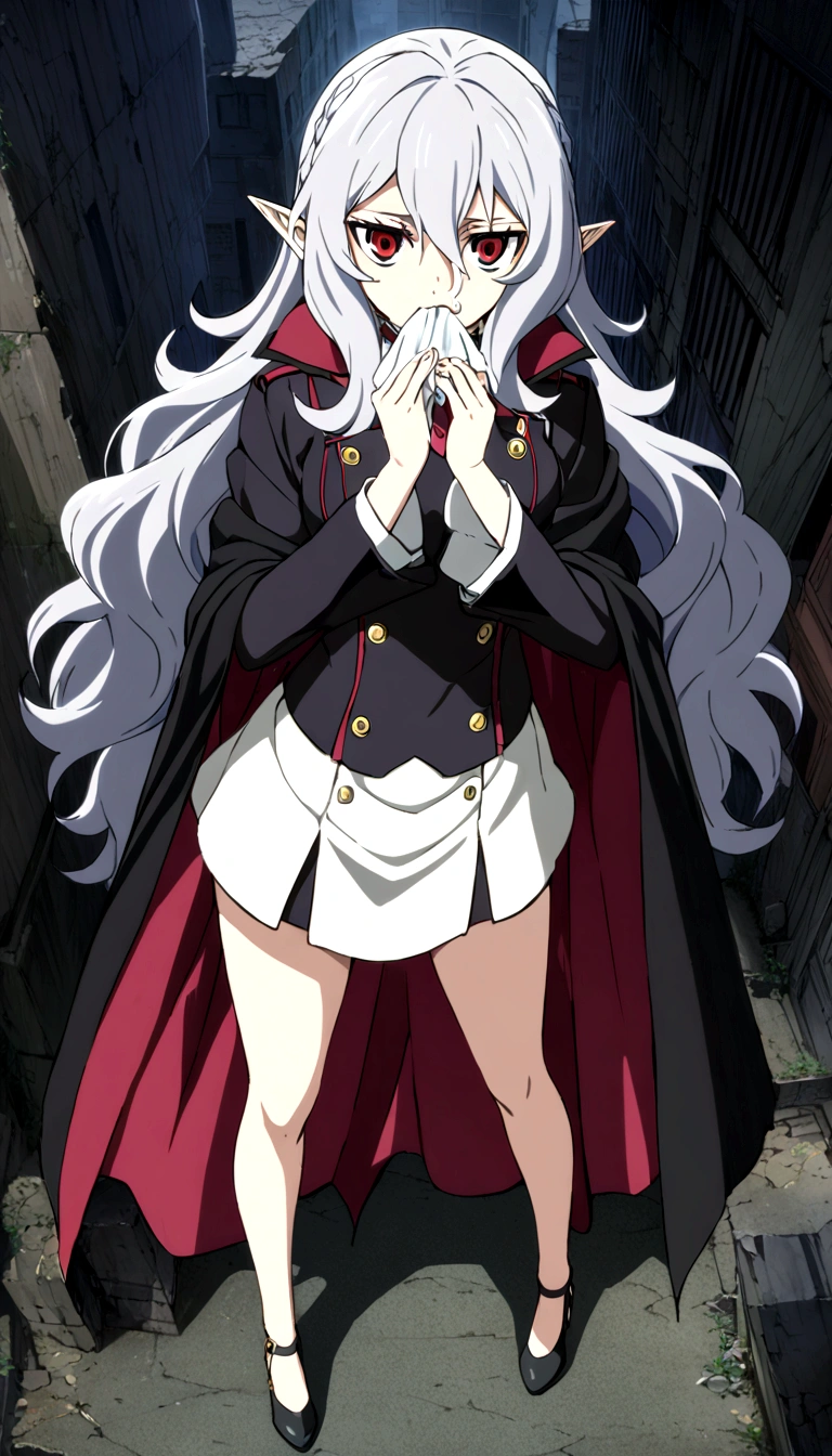 Anime. Owari no Seraph. 1 Girl. Dear . A vampire. Progenitor Clumsy. Silver hair. Wavy hair. Long hair. Red eyes. Beautiful eyes. Perfect eyes. Expressive eyes. Ideal face. Perfect body. Beautiful long ones. legs. Beautiful nose. 18 years. Big breasts. Standing. Full length Beautiful character design. Shiny skin. Cold. Runny nose. Nasal mucus. Snot. Wants to sneeze. She needs to sneeze. Strong, desperate desire to sneeze. She sneezes. She sneezes, covering her nose with her hands. Handkerchief. Blows his nose. Snot flows from the nose. Pointy ears. White dress. Vampire uniform dress from
Owari no Seraph. Black stockings. Heeled shoes. Rapier in right hand. Left hand with a handkerchief near the face. Ruins of Tokyo. Full body. NSF. Official art. Extremely detailed CG Unity 8k wallpaper. Ideal lighting. Ultra high resolution 4K. Super detailed 8K. A high resolution.