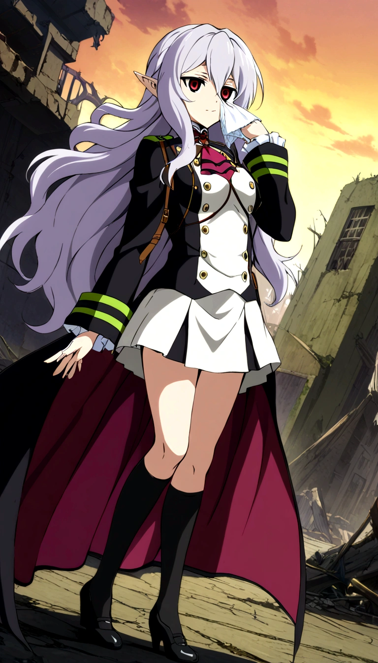 Anime. Owari no Seraph. 1 Girl. Dear . A vampire. Progenitor Clumsy. Silver hair. Wavy hair. Long hair. Red eyes. Beautiful eyes. Perfect eyes. Expressive eyes. Ideal face. Perfect body. Beautiful long ones. legs. Beautiful nose. 18 years. Big breasts. Standing. Full length Beautiful character design. Shiny skin. Cold. Runny nose. Nasal mucus. Snot. Wants to sneeze. She needs to sneeze. Strong, desperate desire to sneeze. She sneezes. She sneezes, covering her nose with her hands. Handkerchief. Blows his nose. Snot flows from the nose. Pointy ears. White dress. Vampire uniform dress from
Owari no Seraph. Black stockings. Heeled shoes. Rapier in right hand. Left hand with a handkerchief near the face. Ruins of Tokyo. Full body. NSF. Official art. Extremely detailed CG Unity 8k wallpaper. Ideal lighting. Ultra high resolution 4K. Super detailed 8K. A high resolution.