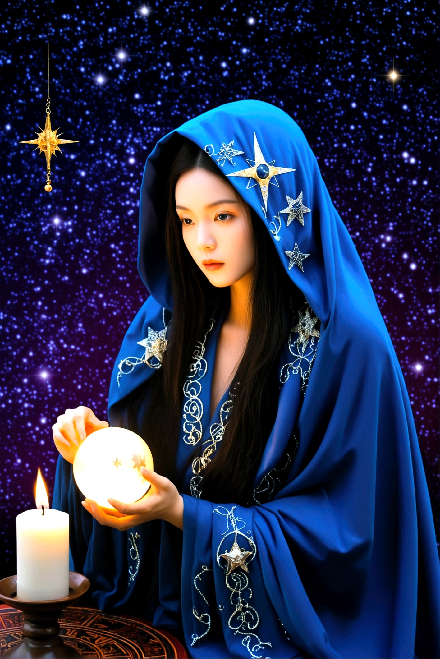 Astrologer, mystery, ancient, Starry sky background, Hold a crystal ball, Staring into the distance, The cloak flutters, night, Candlelight, ancient书籍, Star motif, Magic Runes, mystery氛围, Detailed description, High quality details, Artistic effects