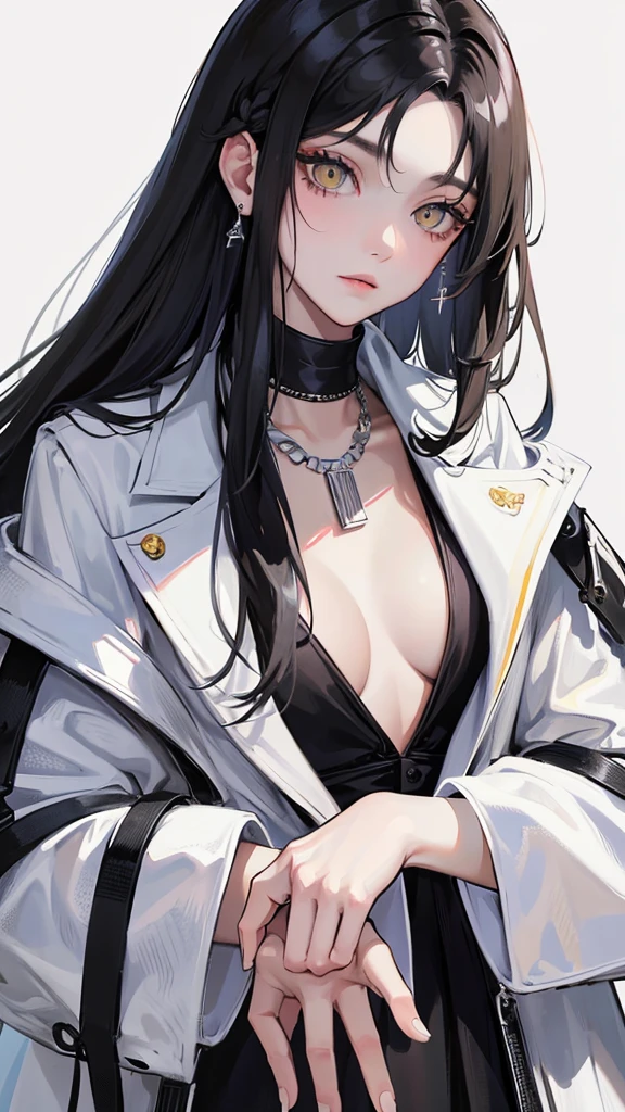 (Top resolution、Distinct_image)top-quality、femele、masterpiece、highly detailed、Semi-realistic、 yellow eyes、18year old、young、Exquisite facial features、Facial features、unique hairstyle, variations, potrait, white background, black hair , long straight hairstyles , cold expression,black clothes, millionaire, boss, rich , mafia, badass necklace ,detailed eyes. cool girl ,