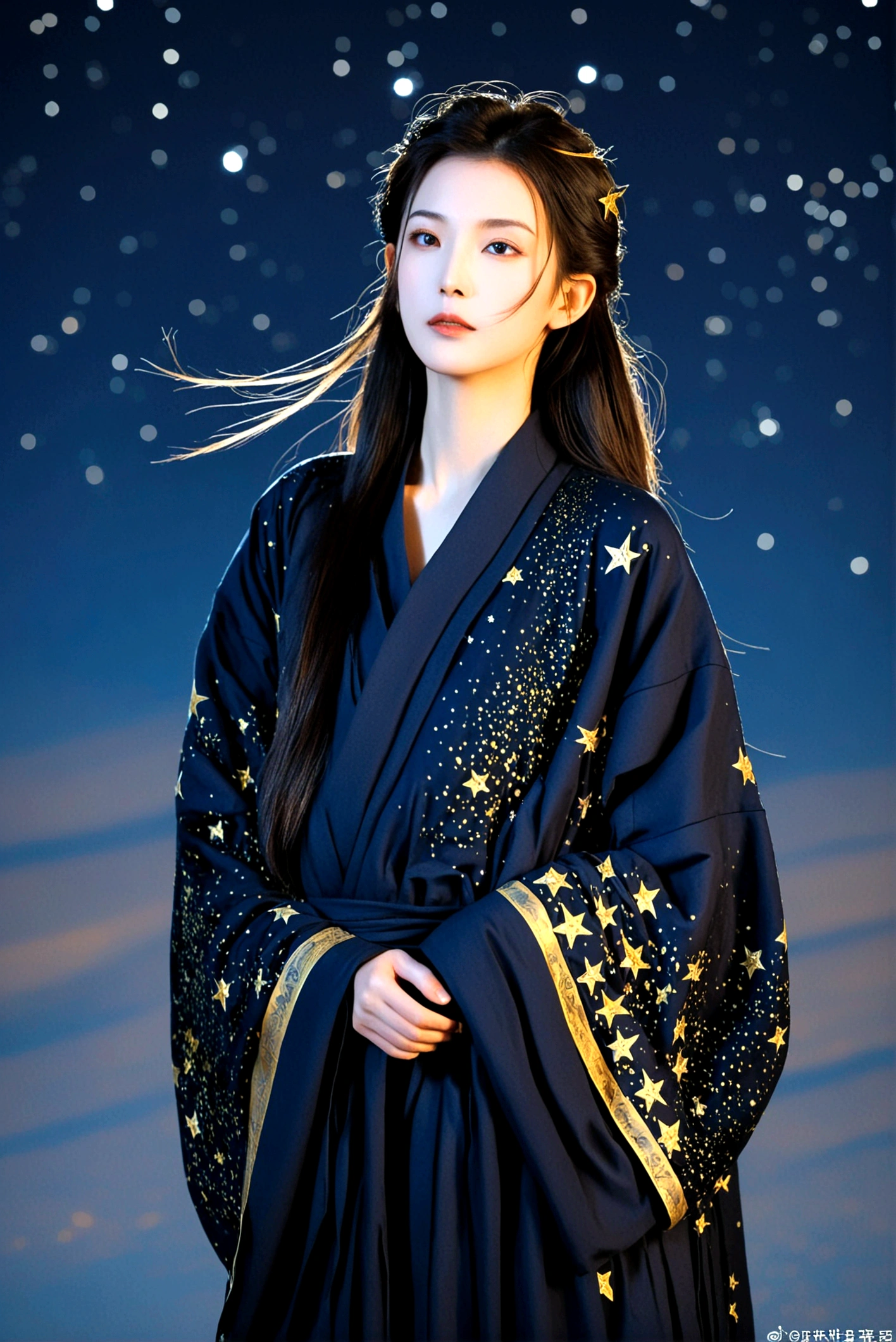 Dark ancient robe,Dotted with golden stars,Sophisticated attire,Long hair,female,Astrologer,1.85 meters