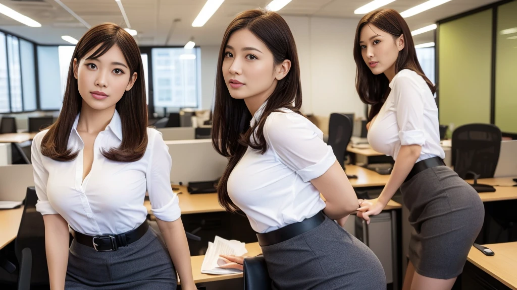 ((super high quality、High resolution、masterpiece、 Anatomically correct、Super detailed photos、Ultra-realistic photos、 Highest quality))、(2girls)、looking at viewer、focus big hip、(cowboy shot)、(office lady uniform:1.2)、(from side))、Huge ass))、Small waist、Large Breasts、Detailed face、Perfect figure、Black Hair、Medium Hair、((Office Lady))、(leaning forward:1.5)、Empty office room