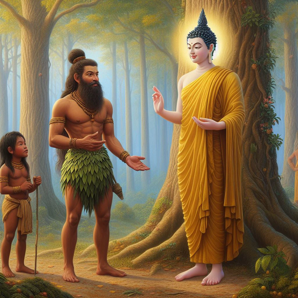 painting of a man and a woman in a forest with a man standing next to them, buddhist, on path to enlightenment, shiva, buddhism, on the path to enlightenment, from ramayan, buddha, by Wayne England, nirvana, ritual in a forest, indian forest, god of the forest, inspired by Kailash Chandra Meher, beautiful depiction, an ancient