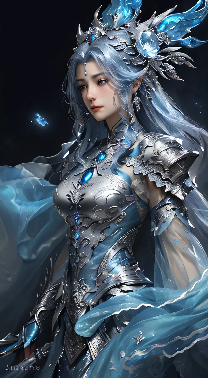 Close-up of woman in silver and blue dress, Chengwei Pan at Art Station, Jan J, Detailed fantasy art, Amazing character art, Fan Art Best Art Station, Magnificent and elaborate character art, Beautiful Armor, Highly detailed art gems, Detailed digital anime art, Art Station pixiv's artgerm, Armor Girl