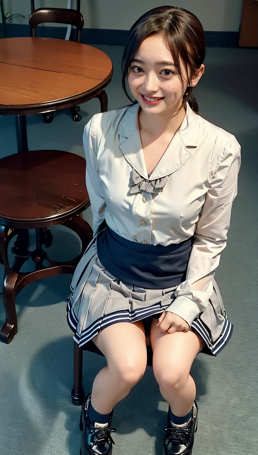 ((highest quality、8k、masterpiece:1.3)),((((fullbody shot)))),Ultra-high resolution,big eyes,Japanese,bangs,(a girl),(1 girl),((20 years old)),((facing at viewer)),((looking at viewer)),(long hair),(((black sailor uniform))),grin,((sitting on chair)),(pleated mini skirt),(((pussy))),((pubic hair)),((skirt lift)),((short crew socks)),(((platform shoes))),((from above))