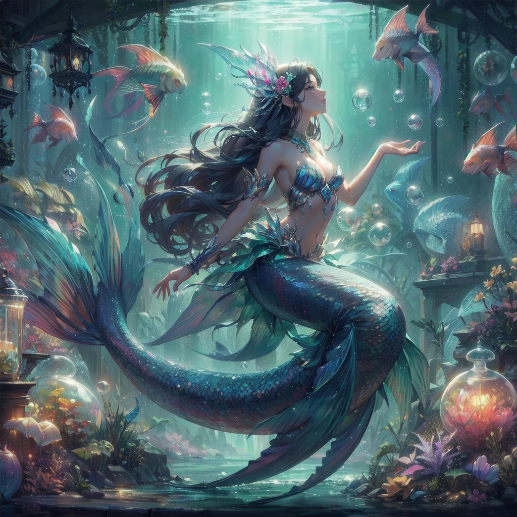 masterpiece, (textured skin), best quality, gorgeous beautiful girl, (a female
mermaid),,detailed clothes,large breasts,narrow waist,, (beautiful face), cinematic lighting, (fantasy anime art ),
