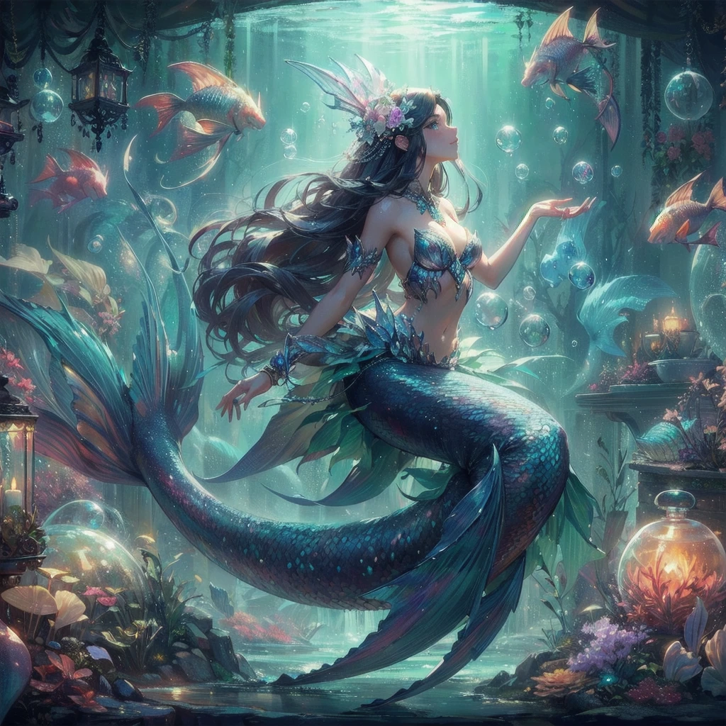  masterpiece, (textured skin), best quality, gorgeous beautiful girl, (a female 
mermaid),,detailed clothes,large breasts,narrow waist,, (beautiful face), cinematic lighting, (fantasy anime art ),