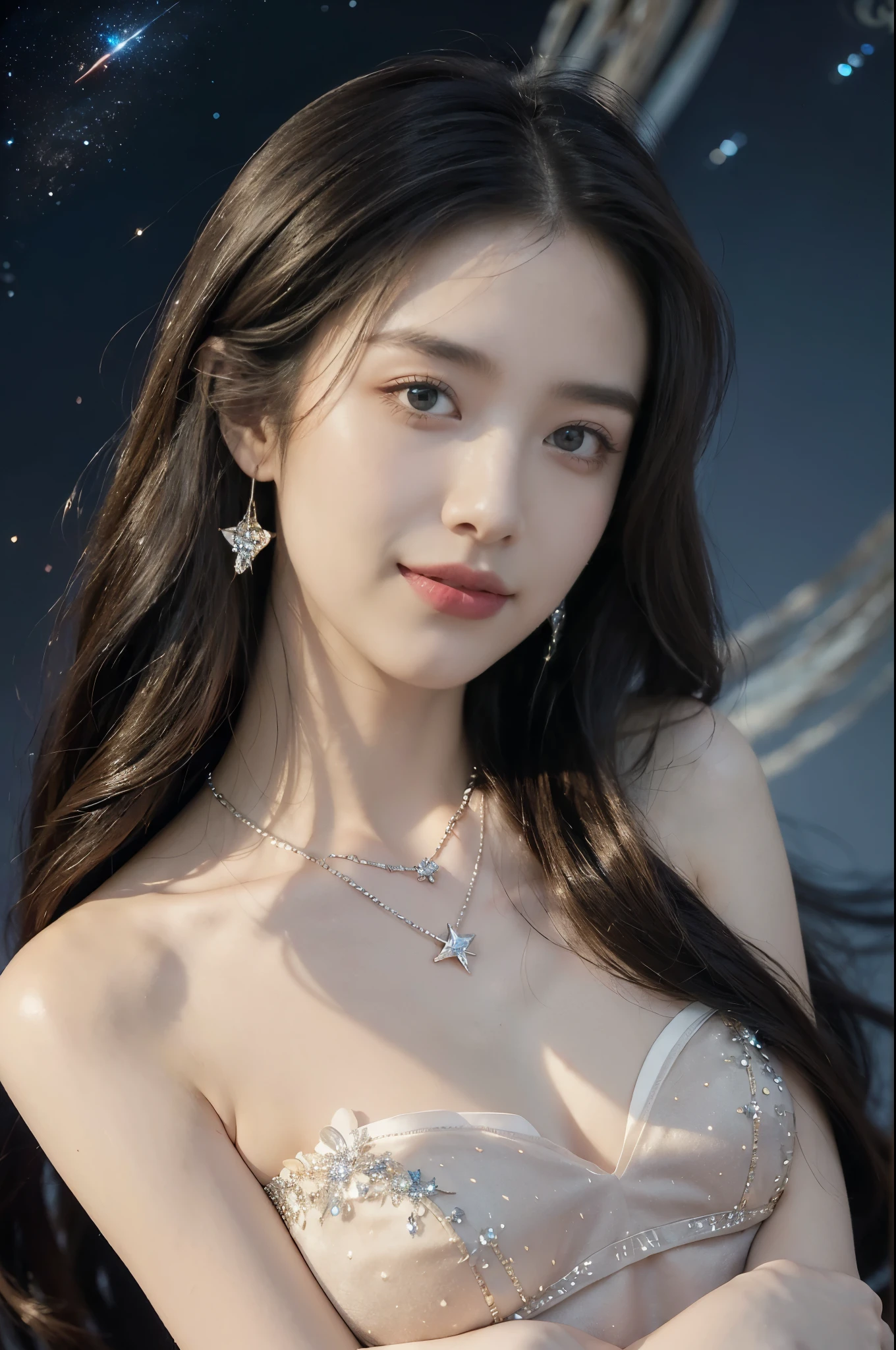 (((best quality))),(((ultra detailed))),(((masterpiece))),illustration,((A beautiful female astrologer,solo)),((slim,thin)),((small breasts,flat chest)),((shoulder length straight hair)),(laughing:1.2),(earrings,necklace),(strapless sparkled sheer bra:1.3),standing beneath a magical summer night, stars twinkling in the velvety darkness,starry sky, sapphire eyes filled with wonder, flowing ethereal gown mimicking the stars, silver pendant shaped like a horoscope,serene smile and captivating gaze, celestial beauty and mystery, solace and inspiration in the vast expanse of the universe,((from front,close-up of face))