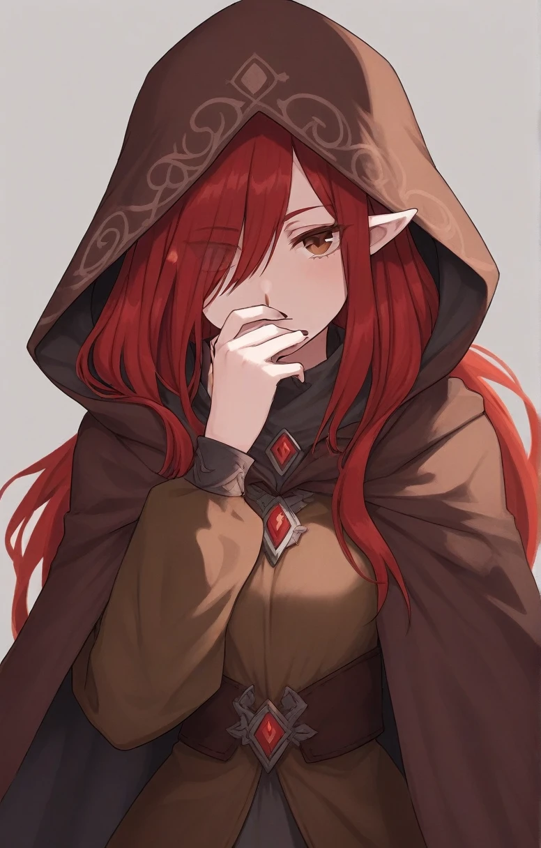 half elf, woman, dnd, adventurer, brown cloak, elegant, long red hair, flat chest, hood on, hidden face