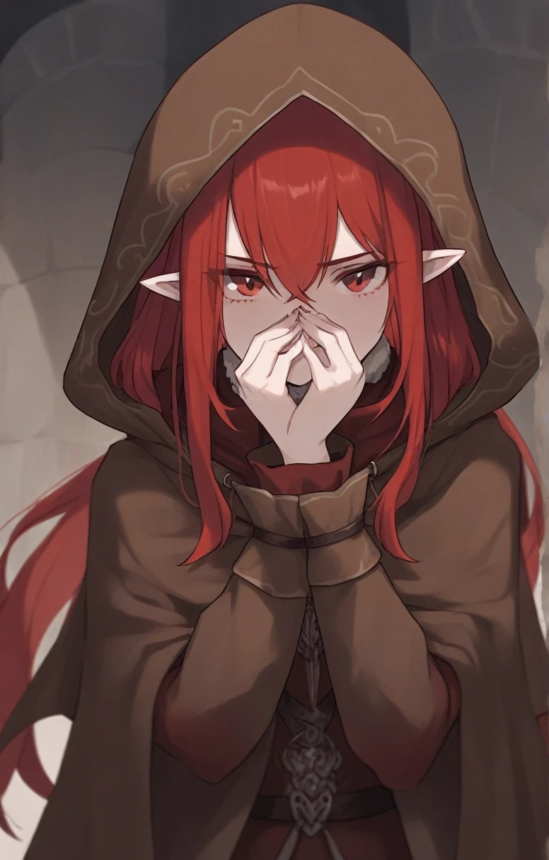 half elf, woman, dnd, adventurer, brown cloak, elegant, long red hair, flat chest, hood on, hidden face