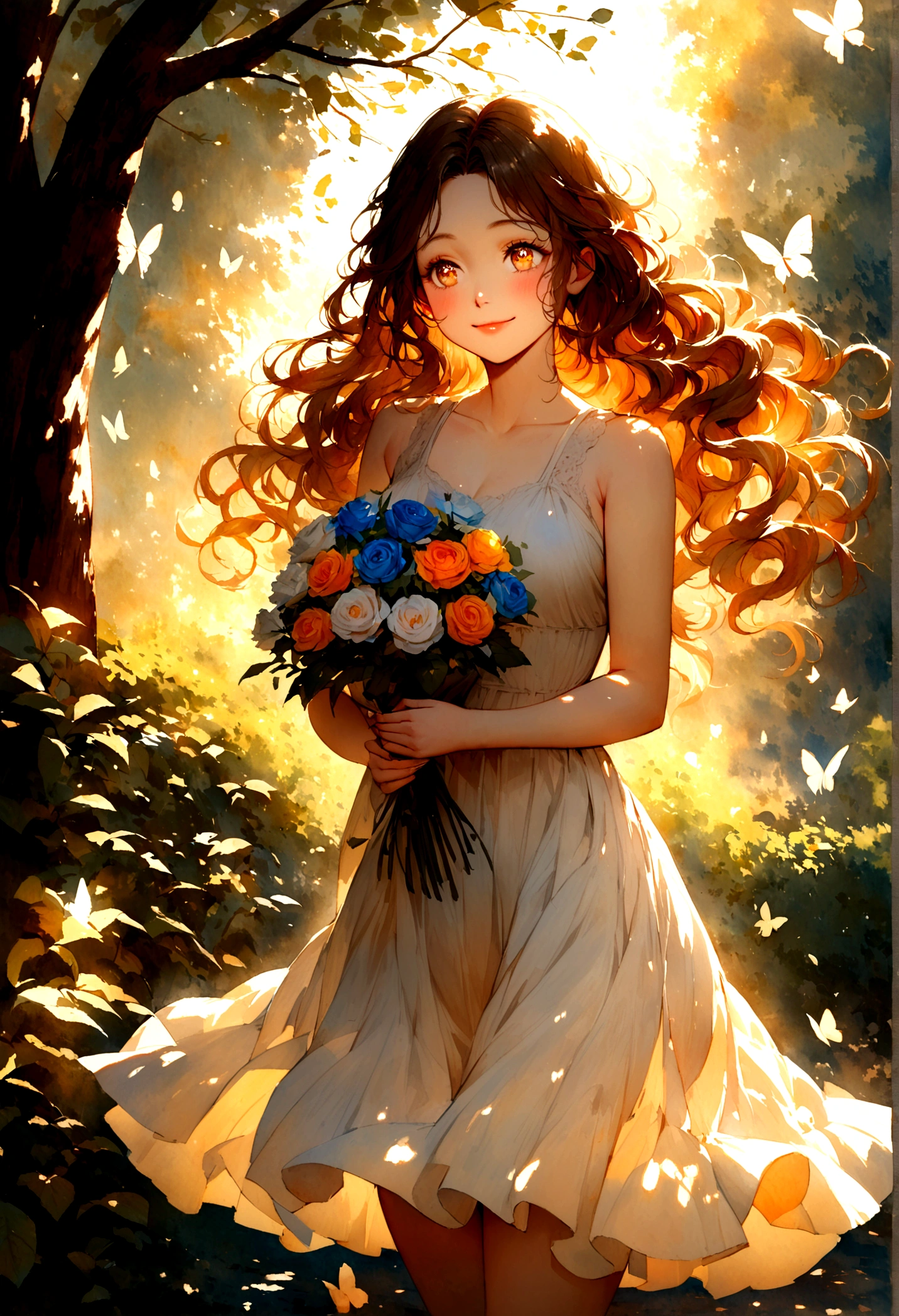 beautiful ,wearing a underwear sports,holding a bouquet of flowers,standing in a blooming garden,with butterflies flying around her,soft sunlight shining on her face,long wavy hair flowing in the wind,smiling brightly and looking towards the distance,sparkling eyes reflecting happiness and innocence,rosy cheeks adding a touch of youthfulness,meticulous details on her face and clothing, vivid colors enhancing the visual impact,shadows from the tree branches creating a dappled effect on the ground,creating a dreamy and enchanting atmosphere,medium:watercolor painting,ultra-fine brushstrokes capturing delicate features,highres:1.2,realistic lighting and textures,brilliant colors with a warm color tone.