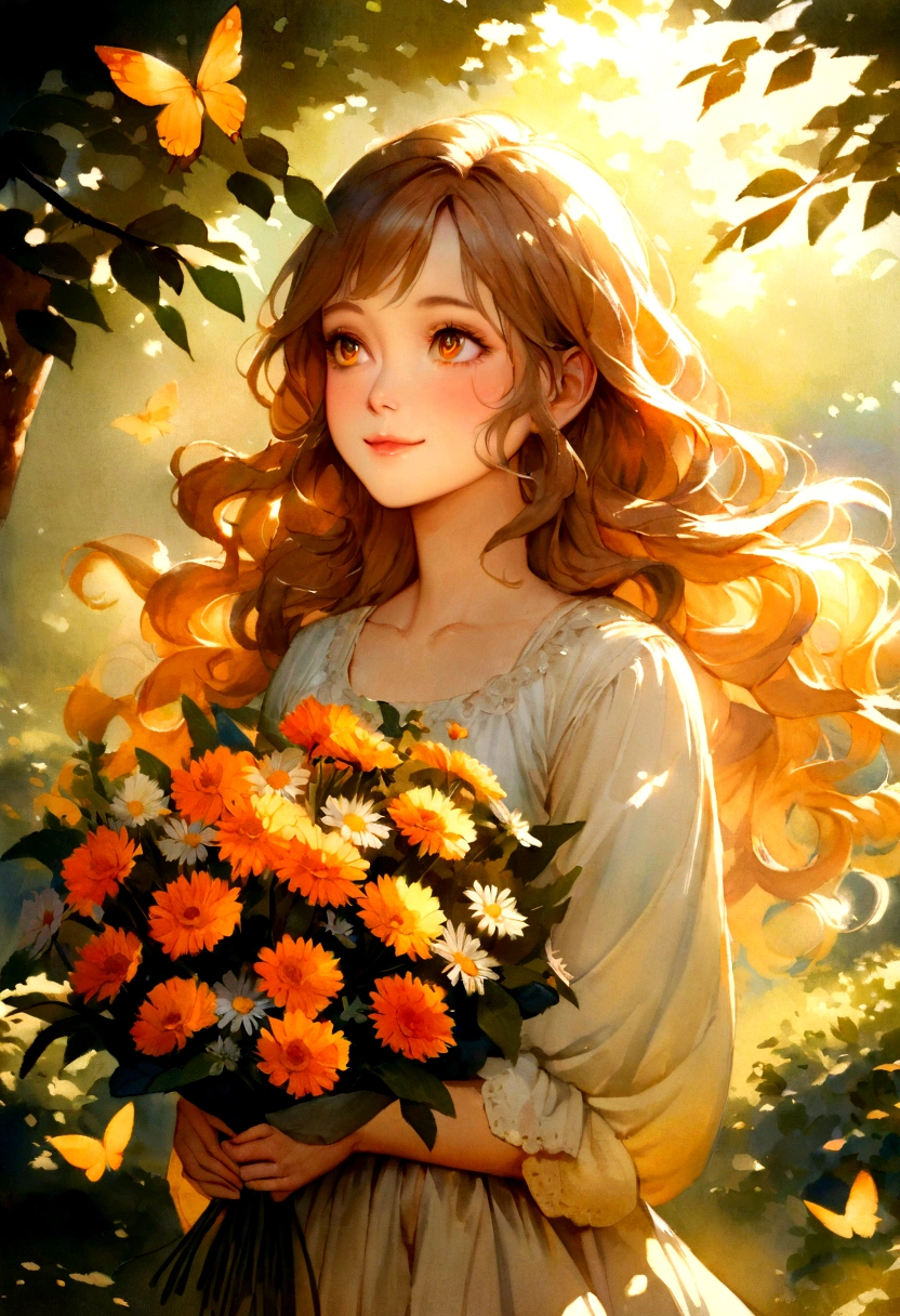 beautiful ,wearing a underwear sports,holding a bouquet of flowers,standing in a blooming garden,with butterflies flying around her,soft sunlight shining on her face,long wavy hair flowing in the wind,smiling brightly and looking towards the distance,sparkling eyes reflecting happiness and innocence,rosy cheeks adding a touch of youthfulness,meticulous details on her face and clothing, vivid colors enhancing the visual impact,shadows from the tree branches creating a dappled effect on the ground,creating a dreamy and enchanting atmosphere,medium:watercolor painting,ultra-fine brushstrokes capturing delicate features,highres:1.2,realistic lighting and textures,brilliant colors with a warm color tone.