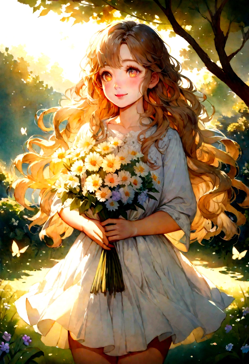 beautiful ,wearing a underwear sports,holding a bouquet of flowers,standing in a blooming garden,with butterflies flying around her,soft sunlight shining on her face,long wavy hair flowing in the wind,smiling brightly and looking towards the distance,sparkling eyes reflecting happiness and innocence,rosy cheeks adding a touch of youthfulness,meticulous details on her face and clothing, vivid colors enhancing the visual impact,shadows from the tree branches creating a dappled effect on the ground,creating a dreamy and enchanting atmosphere,medium:watercolor painting,ultra-fine brushstrokes capturing delicate features,highres:1.2,realistic lighting and textures,brilliant colors with a warm color tone.