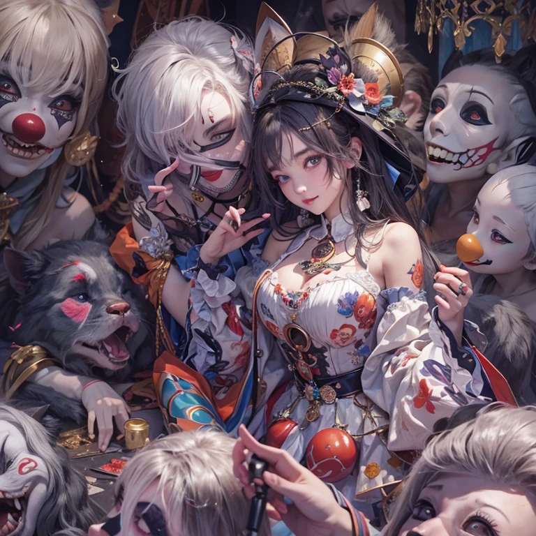 Hiding in the tomb、Hair flow、 ((Highest quality、masterpiece、8K、Best image quality、Ultra-high resolution、Award-winning works)、(Accurate anatomy:1.1)、(Look at me and smile:1.1)、Shining fair skin with Ultra-high resolution、The most detailed face、Ultra-high resolution detailed face、Ultra-high resolutionの髪の毛、(Ultra-high resolutionの煌めく瞳:1.1)、Beautiful face drawn in every detail、Cheerful clown costume, Chest to chest, tattoo,Strange atmosphere, Ghosts flow, Dark color makeup